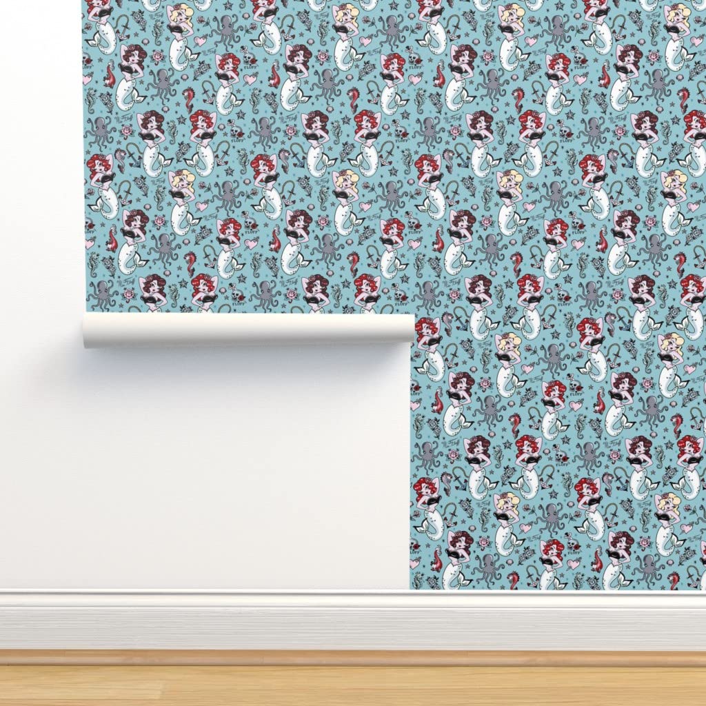 Peel & Stick Removable Wallpaper 12ft x 2ft - Vintage Mermaid Retro Rockabilly Style Pinup Kawaii Cute Custom Wall Decal | Perfect for Bedroom, Nursery, Dorm Room & Home Office Decor