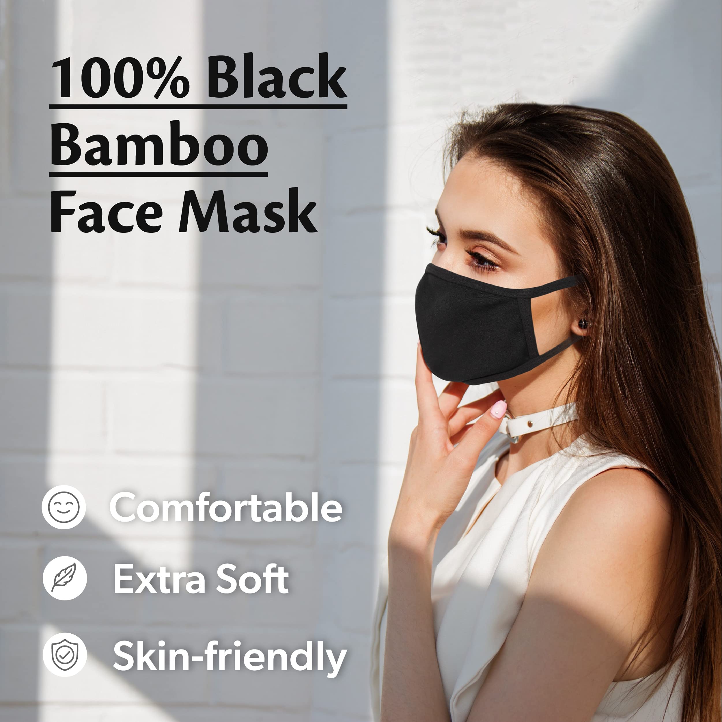 Organic Black Bamboo Face Mask 3-Pack - 100% Cotton Reusable & Washable with Nose Wire & Adjustable Lanyard - Breathable Fashion Mask for Daily Use, Travel & Outdoor Activities (Medium)