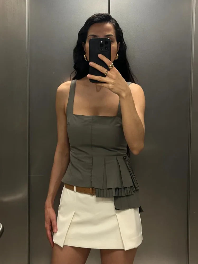 HH TRAF Women's Summer Fashion Asymmetrical Tank Top - Casual Square Neck Slim Fit Sexy Backless Pleated Blouse for Beach, Party & Date Night Outfits