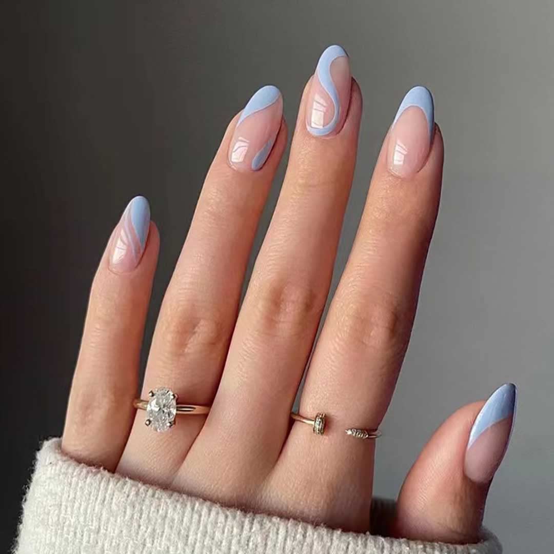 French Tip Press on Nails - Medium Fake Nails with Swirl Design, Blue Stick on Nails, Almond Shaped Artificial Nails for Women | Perfect for Parties, Weddings, and Daily Wear
