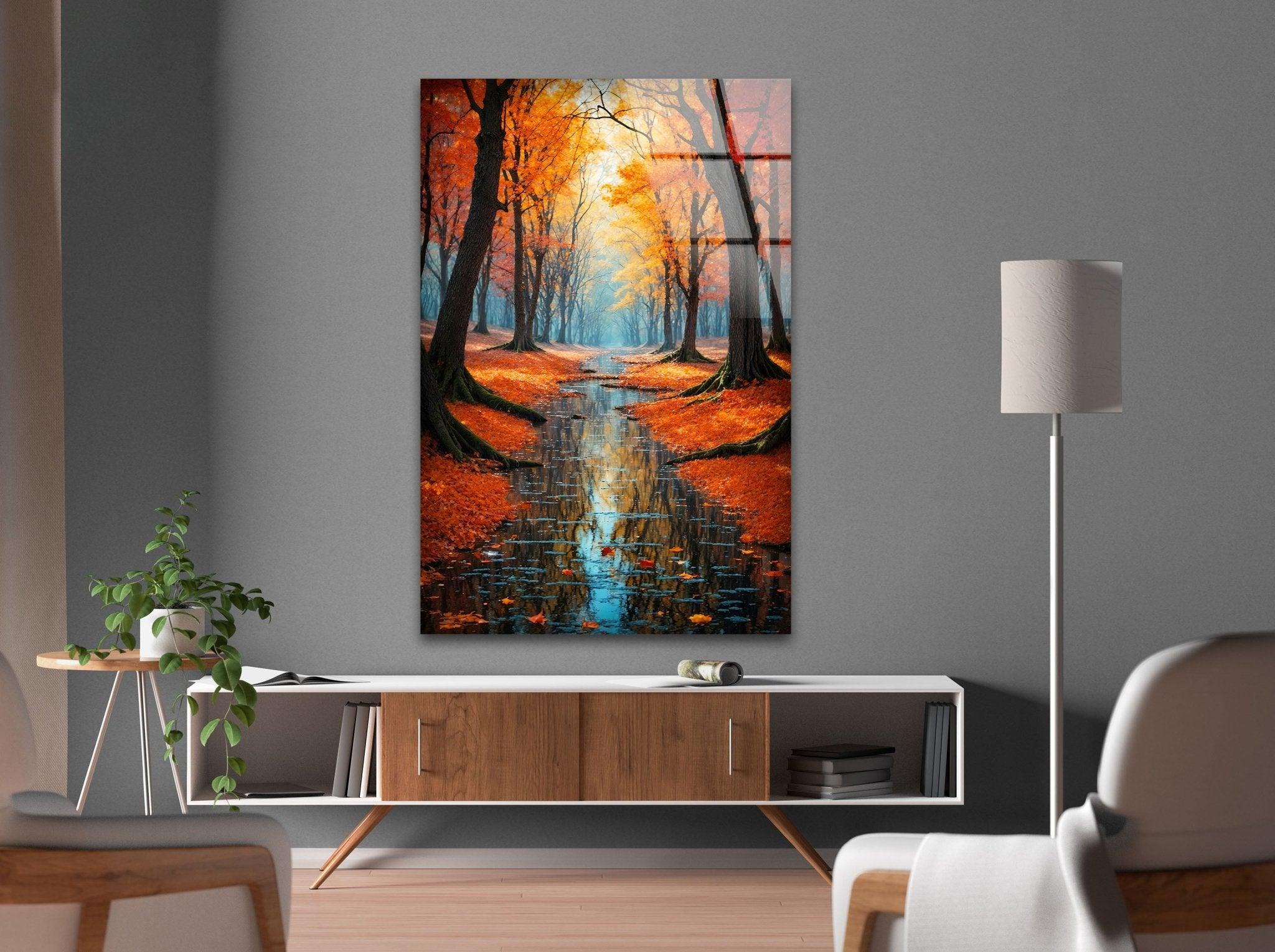 Stunning Fall Forest Art Print on Glass - Autumn Pathway Reflections Wall Decor for Living Room, Bedroom & Office