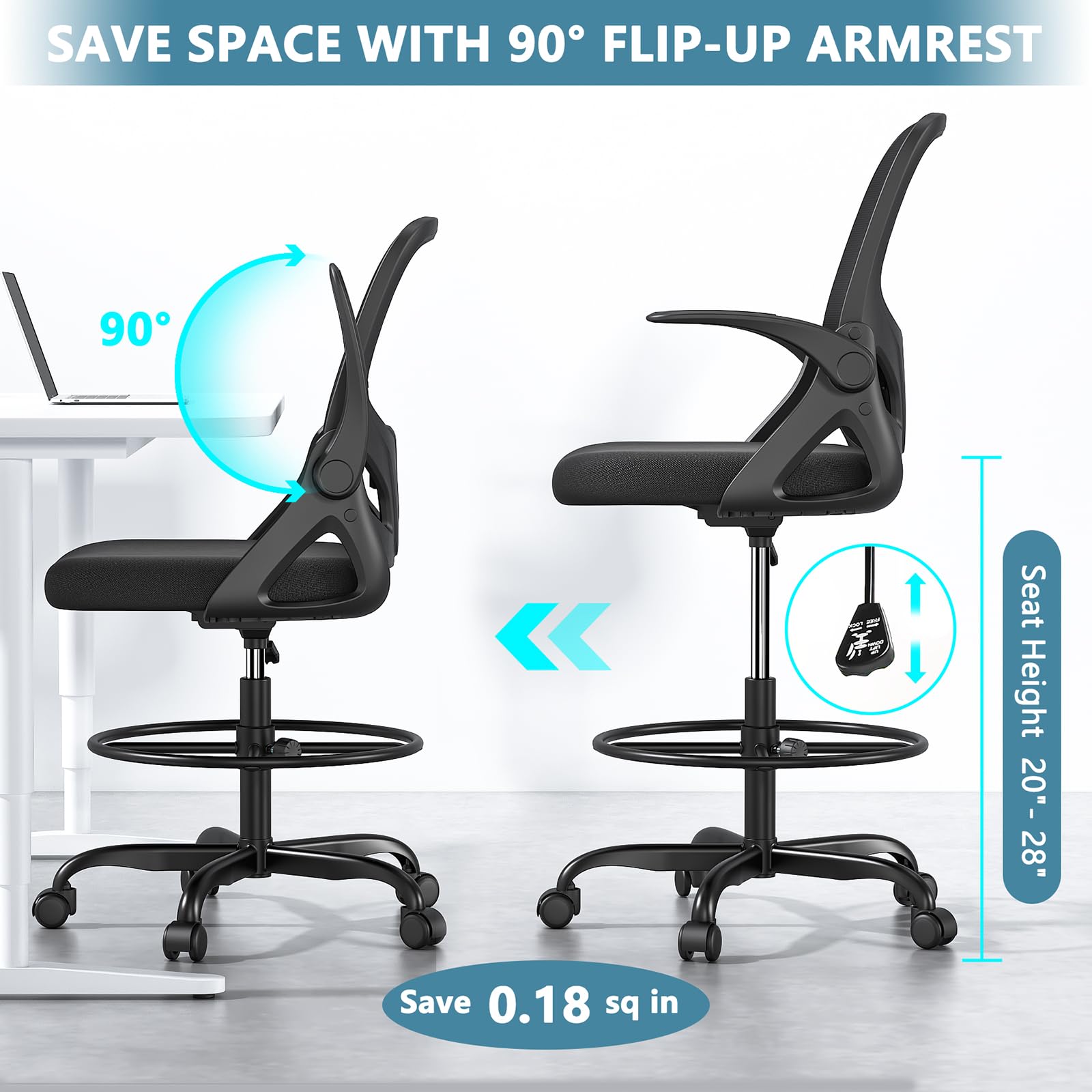 Ergonomic Tall Drafting Chair with Footrest Ring - Adjustable Height Office Chair with Flip-Up Arms & Lumbar Support for Home & Work (Black) - Perfect for Architects, Artists & Long Work Sessions at Standing Desks
