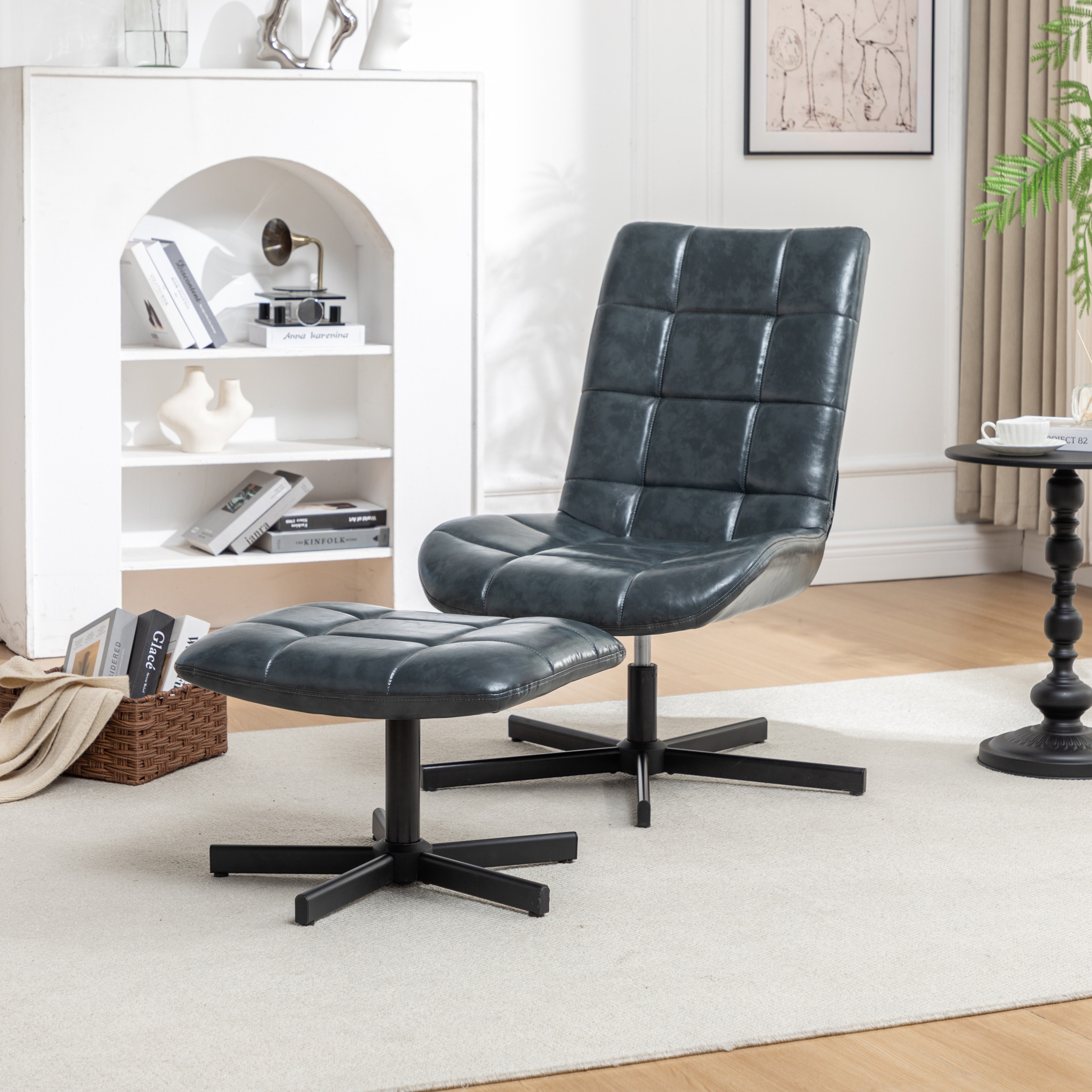 Roundhill Furniture Arlena Faux Leather Tufted Accent Chair with Ottoman Set - Modern Living Room Seating for Home Office, Bedroom or Lounge Area