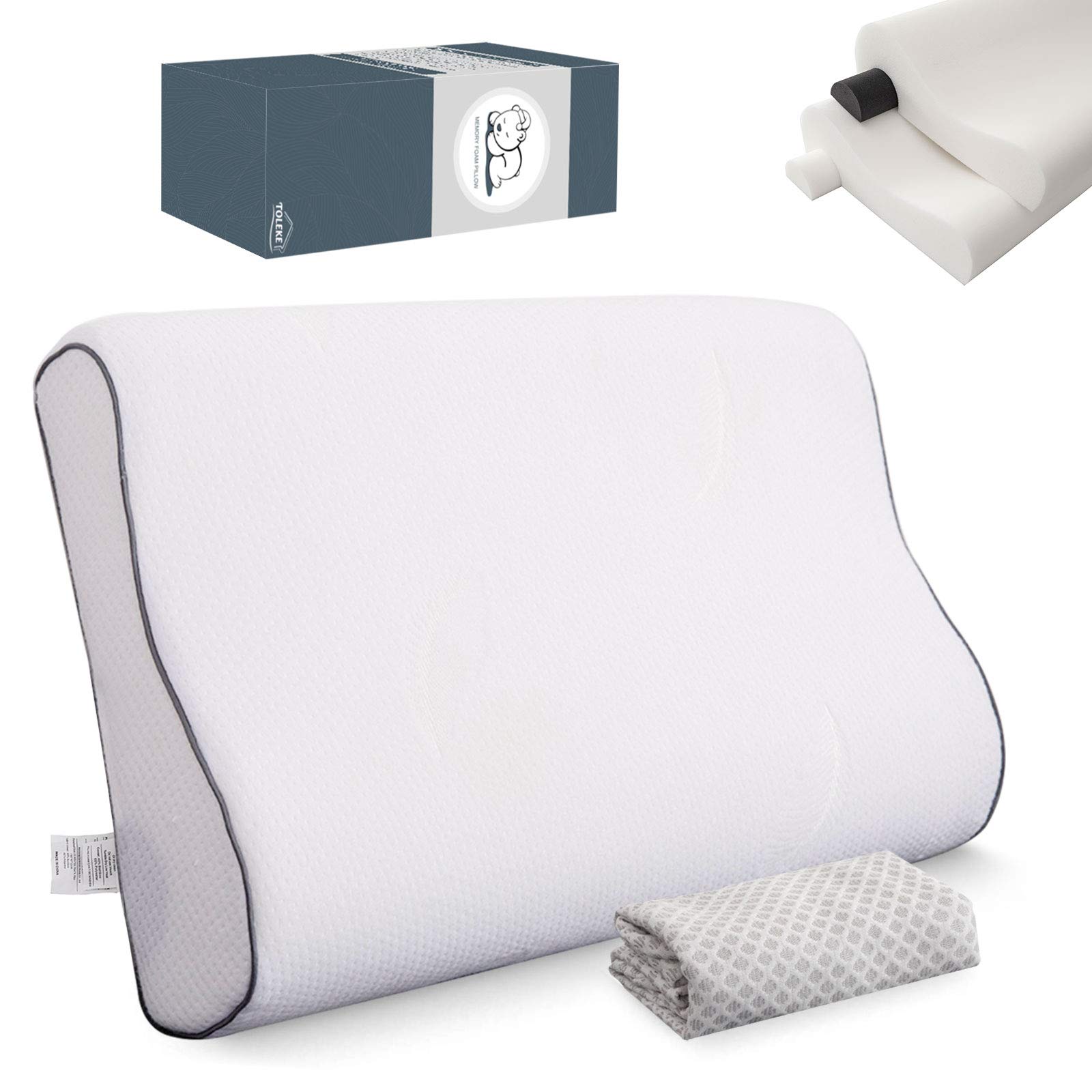 Memory Foam Neck Support Pillow for Sleeping - Cervical Bed Pillow with Breathable Bamboo Cover, Adjustable Loft for Stomach, Side & Back Sleepers - Ideal for Home, Office & Travel (Standard Size)