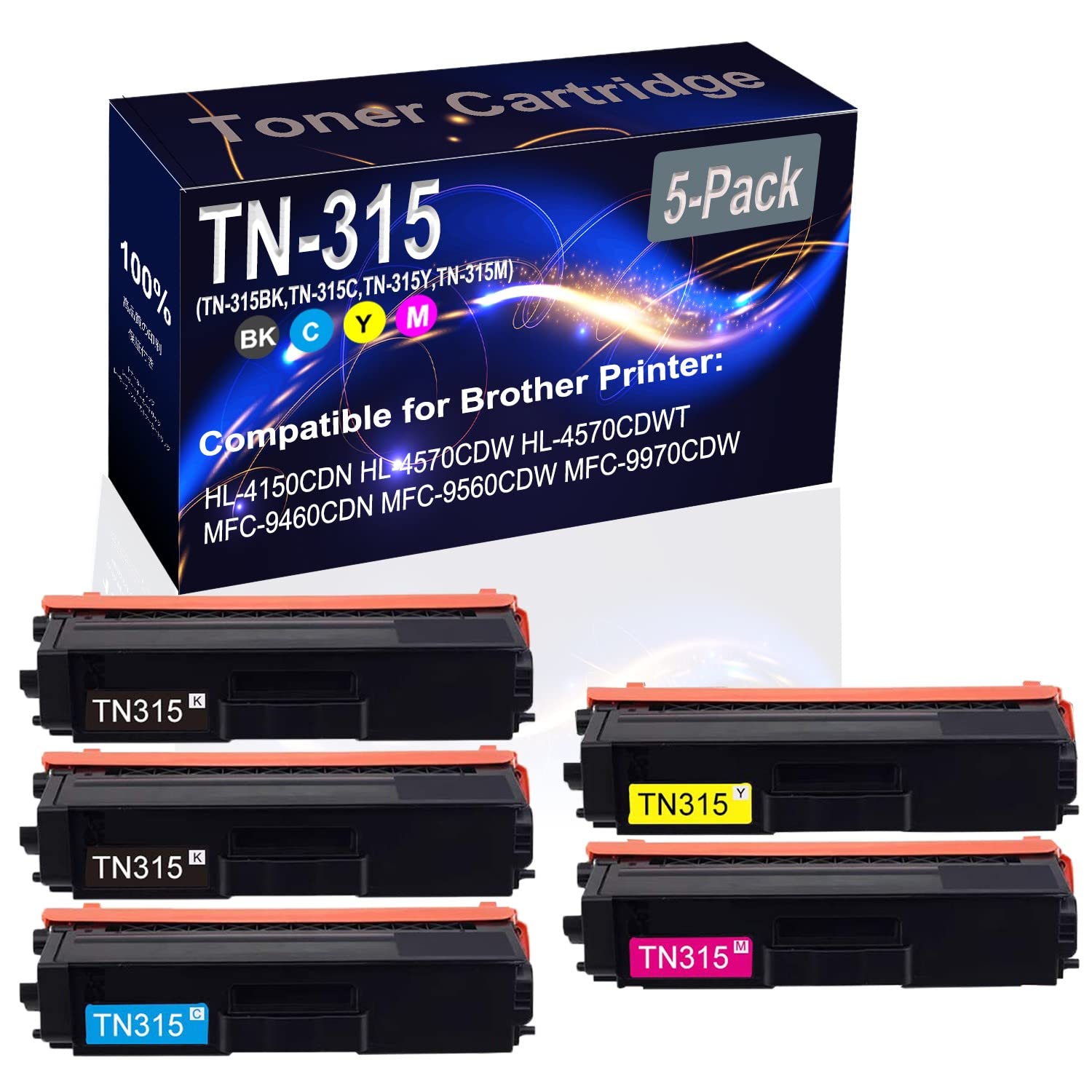5-Pack High Yield Compatible Toner Cartridge for Brother HL-4150CDN HL-4570CDW - Replacement for TN315 BK/C/Y/M (Black, Cyan, Yellow, Magenta) - Perfect for Office Printing, Home Use & Small Business Documents