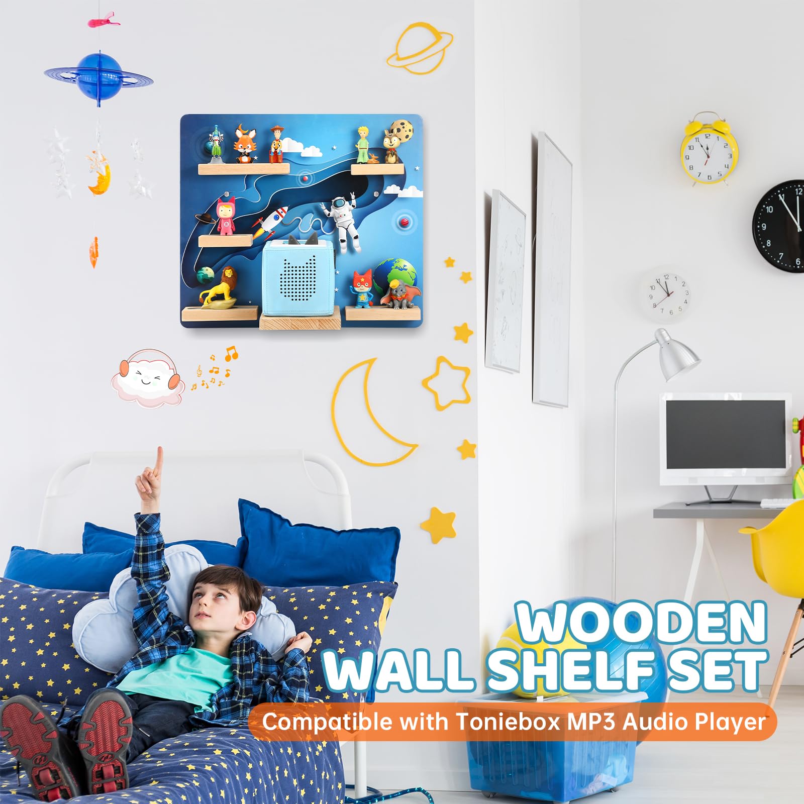 OUKNAK Floating Shelf for Toniebox - Wall Mount Magnetic Wooden Shelf with Carrying Case - Compatible with Tonie Audio Player & Figures - Perfect for Kids Room, Nursery Decor (Astronaut Theme) - Great for Organizing Toys & Displaying Collectibles