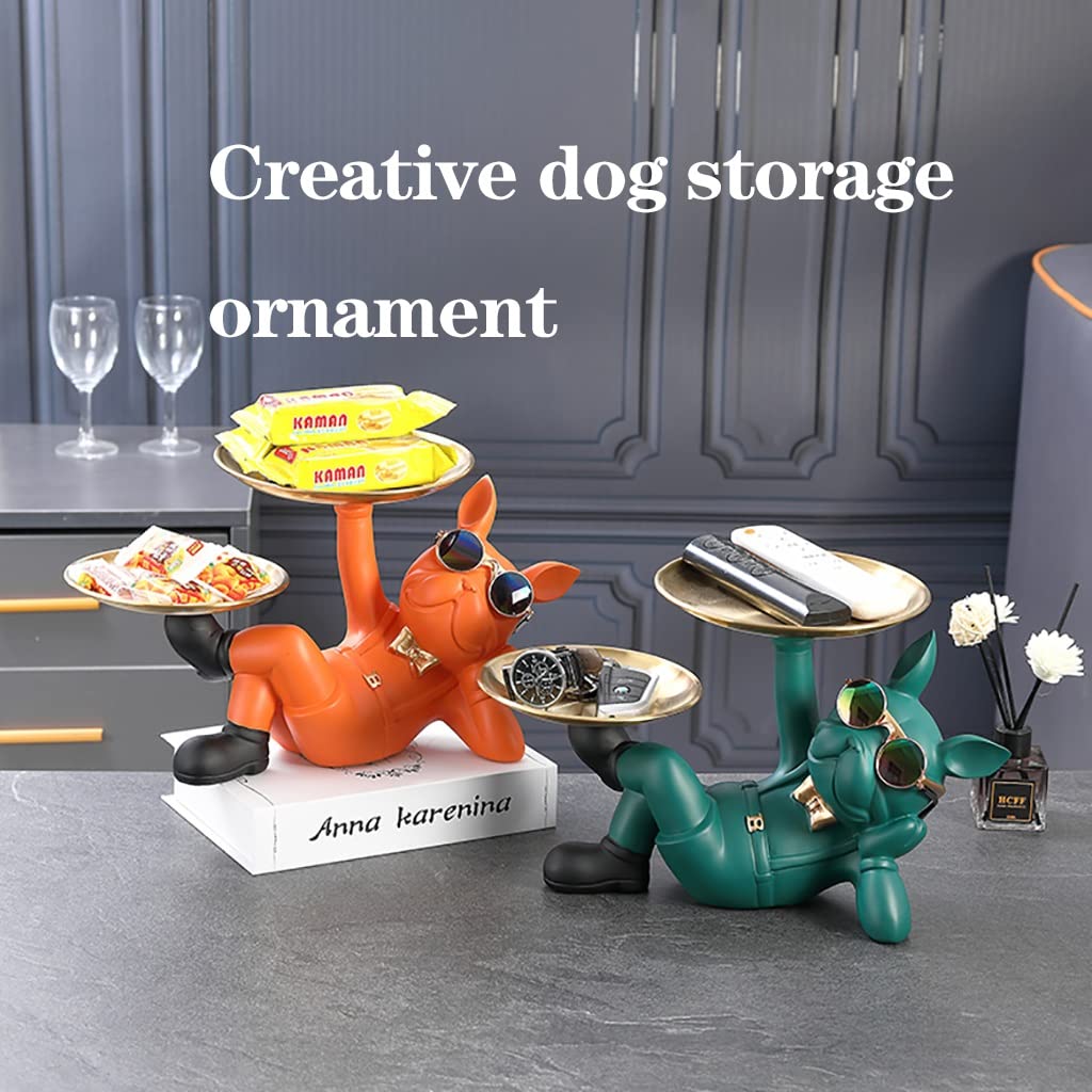 Resin Bulldog Sculpture Decorative Figurine with Storage Tray - Candy Dish, Jewelry Holder & Earrings Organizer - Green Desktop Decor for Home, Office, or Gift - Perfect for Organizing Small Items & Adding Playful Style