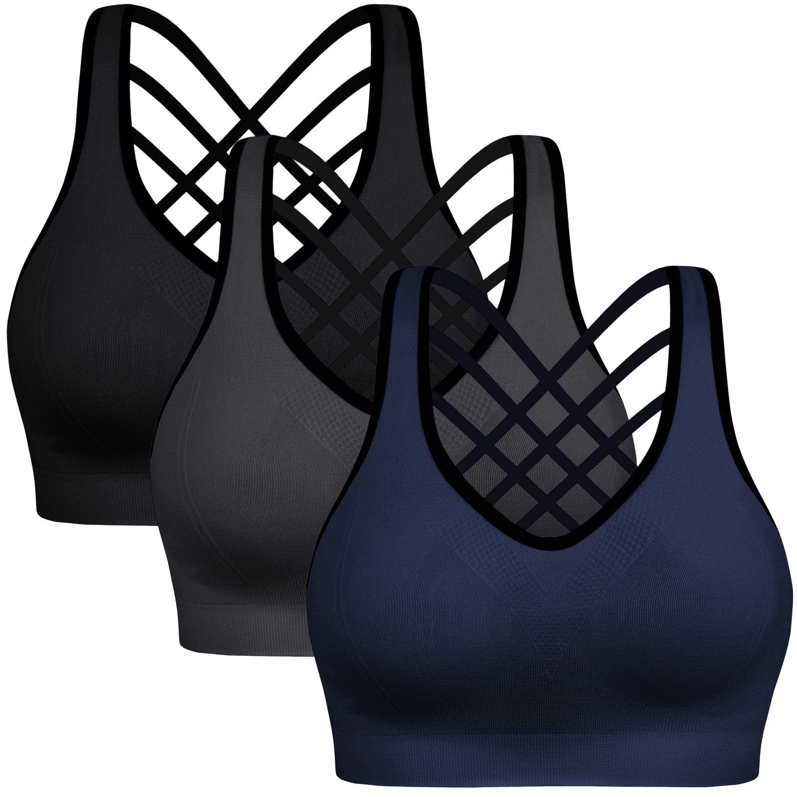 Women's Padded Strappy Sports Bras - 3-Pack Workout Tops for Yoga, Running & Fitness | Comfortable Support for High-Impact Exercise & Gym Wear
