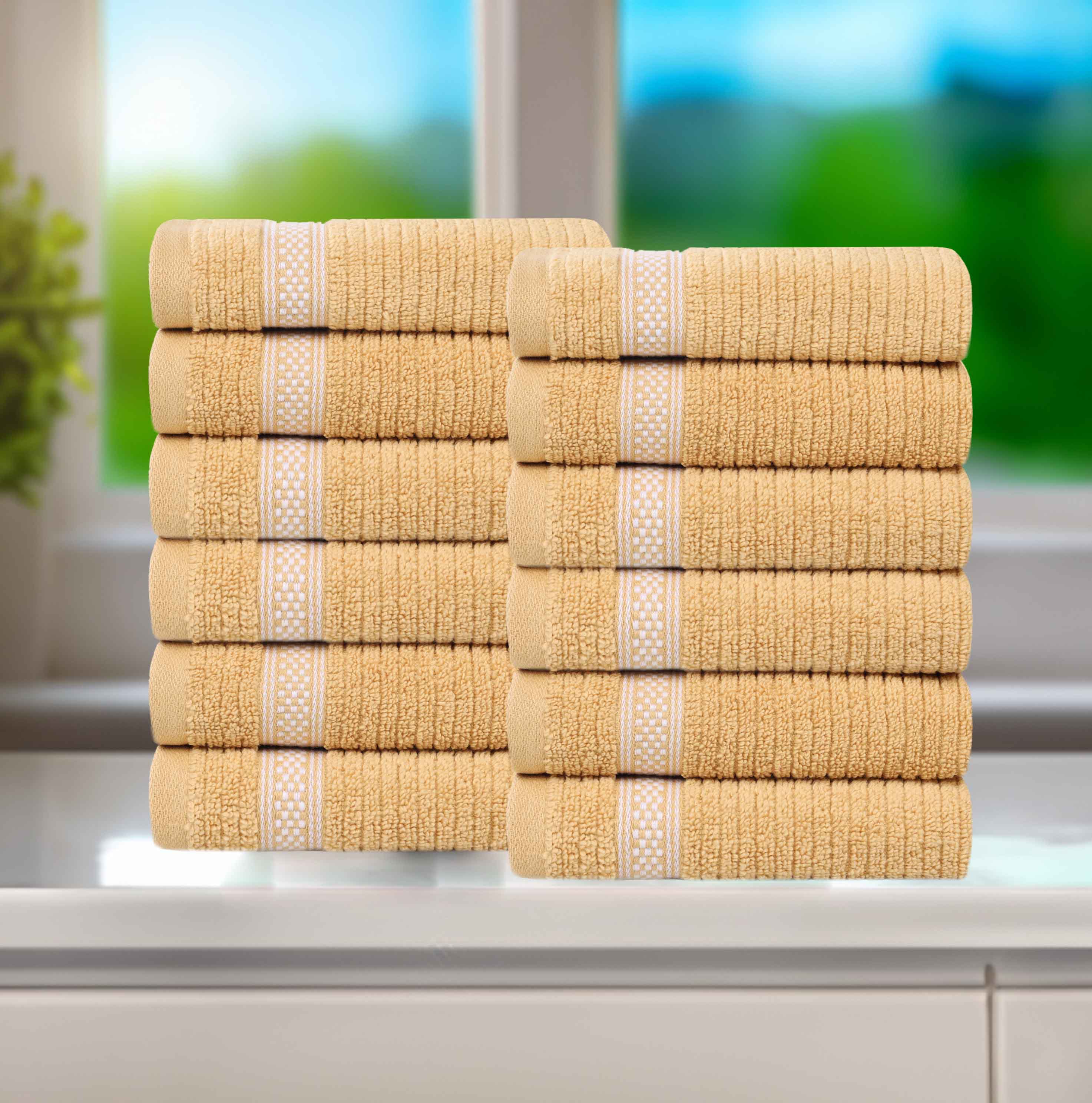 12-Pack Zero Twist Cotton Ribbed Geometric Border Plush Face Towels | Ultra Soft Bath & Hand Towels for Spa, Gym, Travel & Home Use