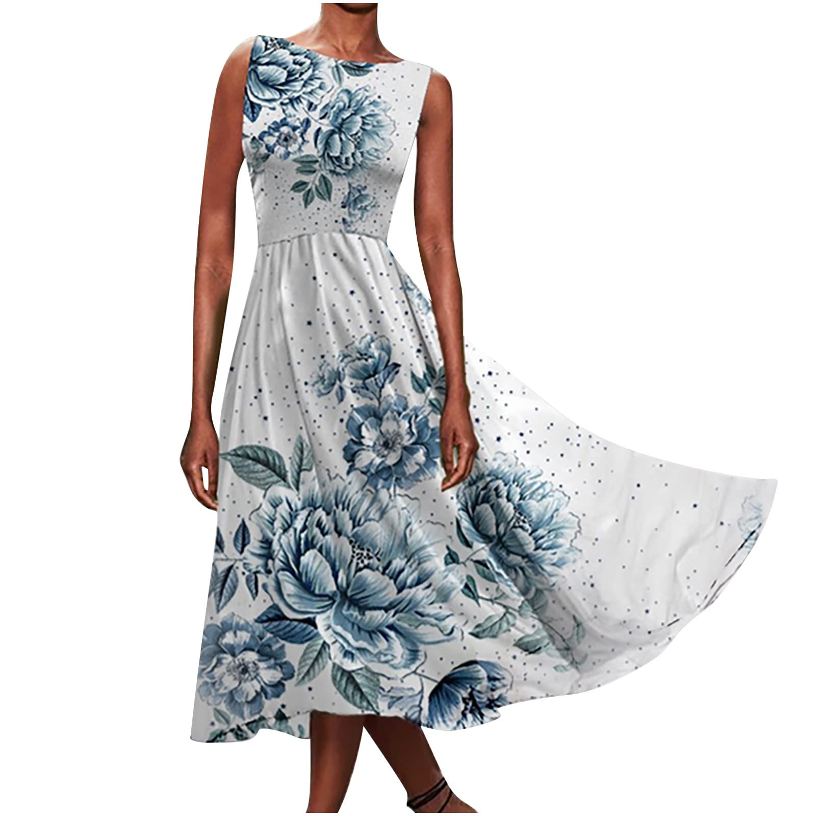 Women's Vintage Print Sundress - Sleeveless Round Neck Smocked Tiered Midi Dress with Puff Sleeves & Ruffles | Summer Swing Dress for Beach, Party & Casual Wear | 2022 Fashion Trend