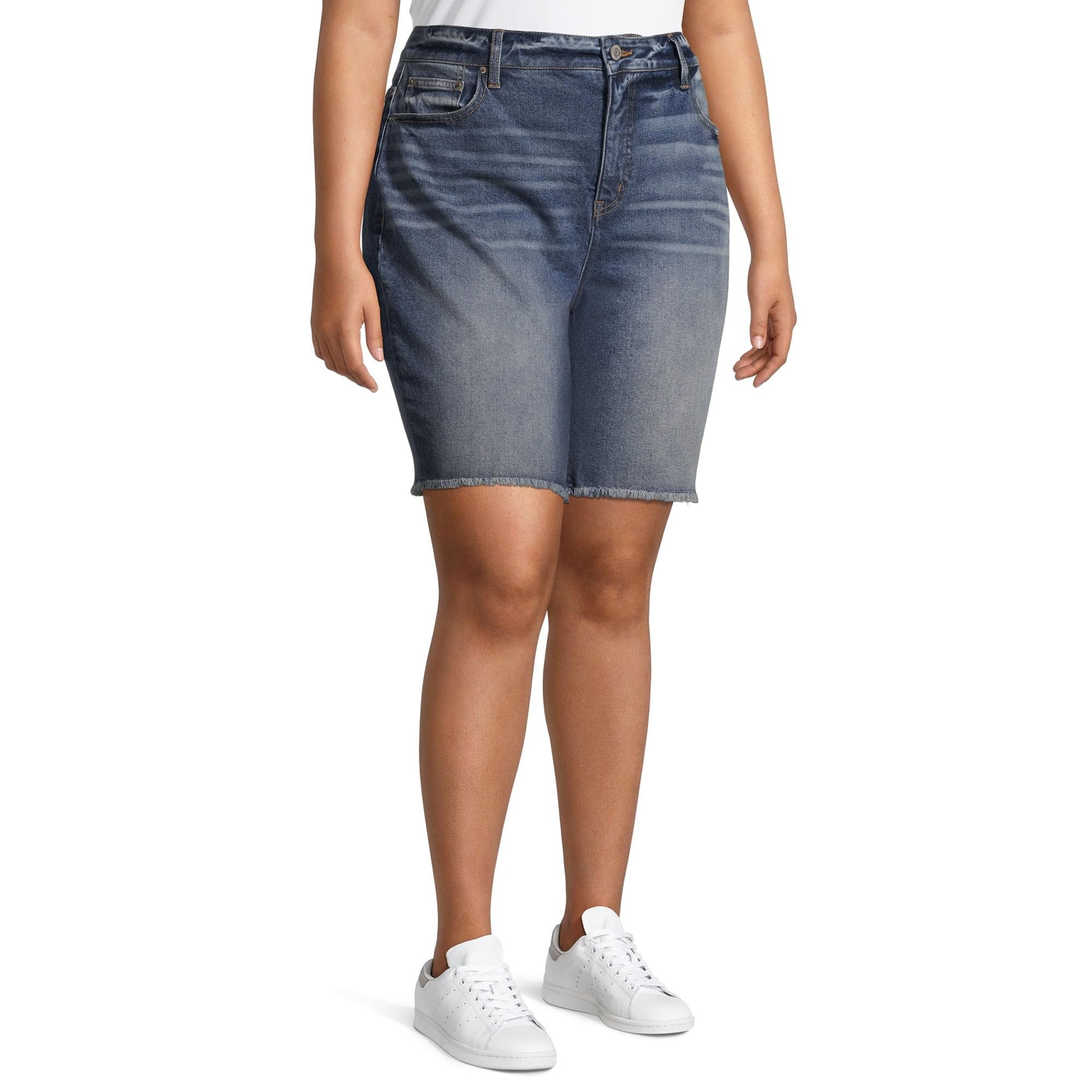 Layla Medium Wash Plus Size Frayed Hem Denim Bermuda Shorts for Women | Comfortable Stretch Jeans Shorts for Casual Wear, Summer Outfits & Beach Vacations