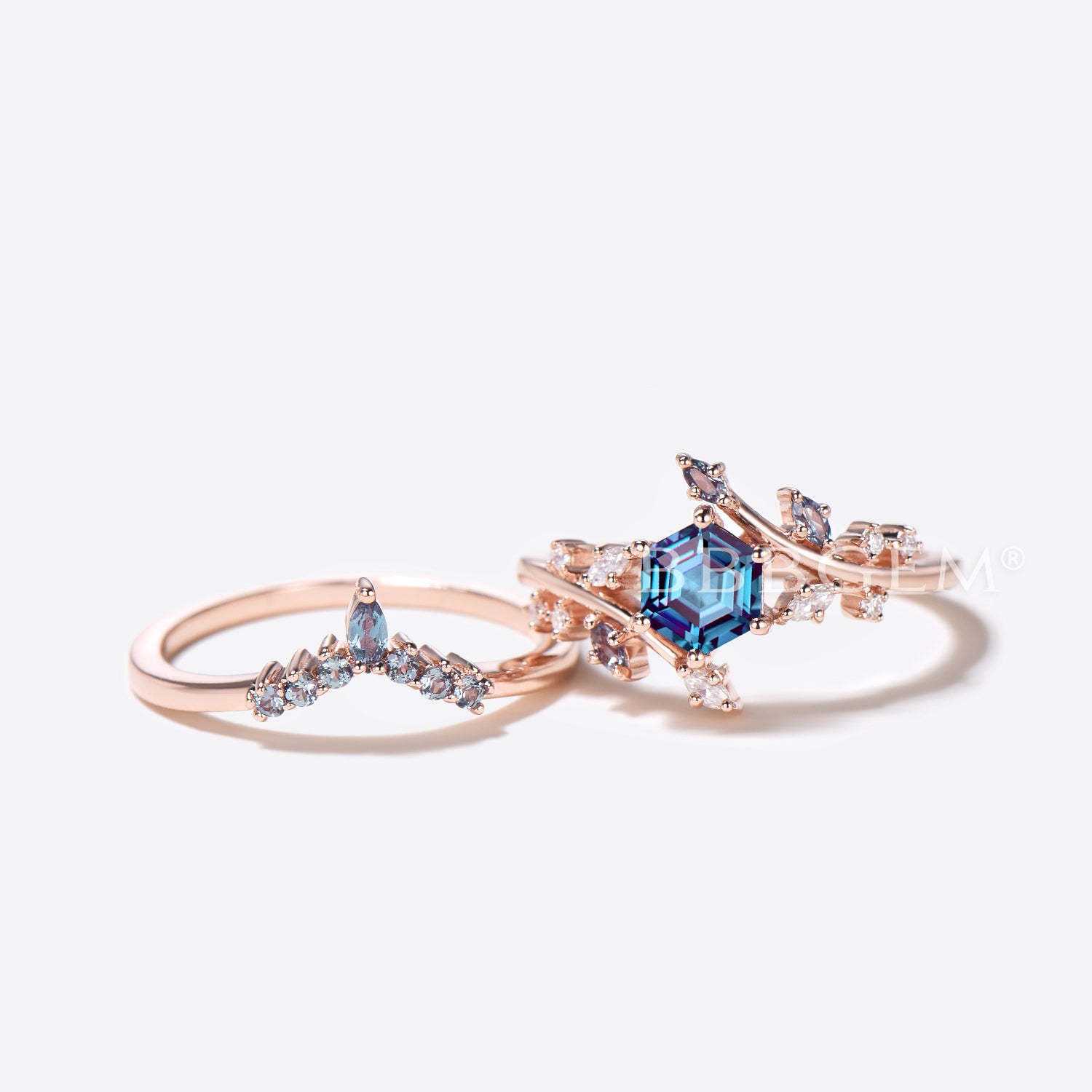 14k Rose Gold Hexagon Cut Alexandrite Engagement Ring - Twig Leaf Design for Wedding, Proposal & Anniversary Gifts | Unique Vintage Style Jewelry
