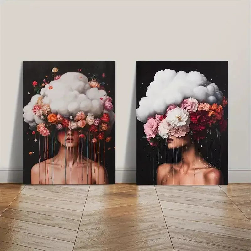2-Piece Surreal Floral Woman & Vibrant Pink Red Flowers Framed Canvas Wall Art - 50x75cm High Quality Print | 100% Australian Made | Ready to Hang | Perfect for Living Room, Bedroom & Office Decor