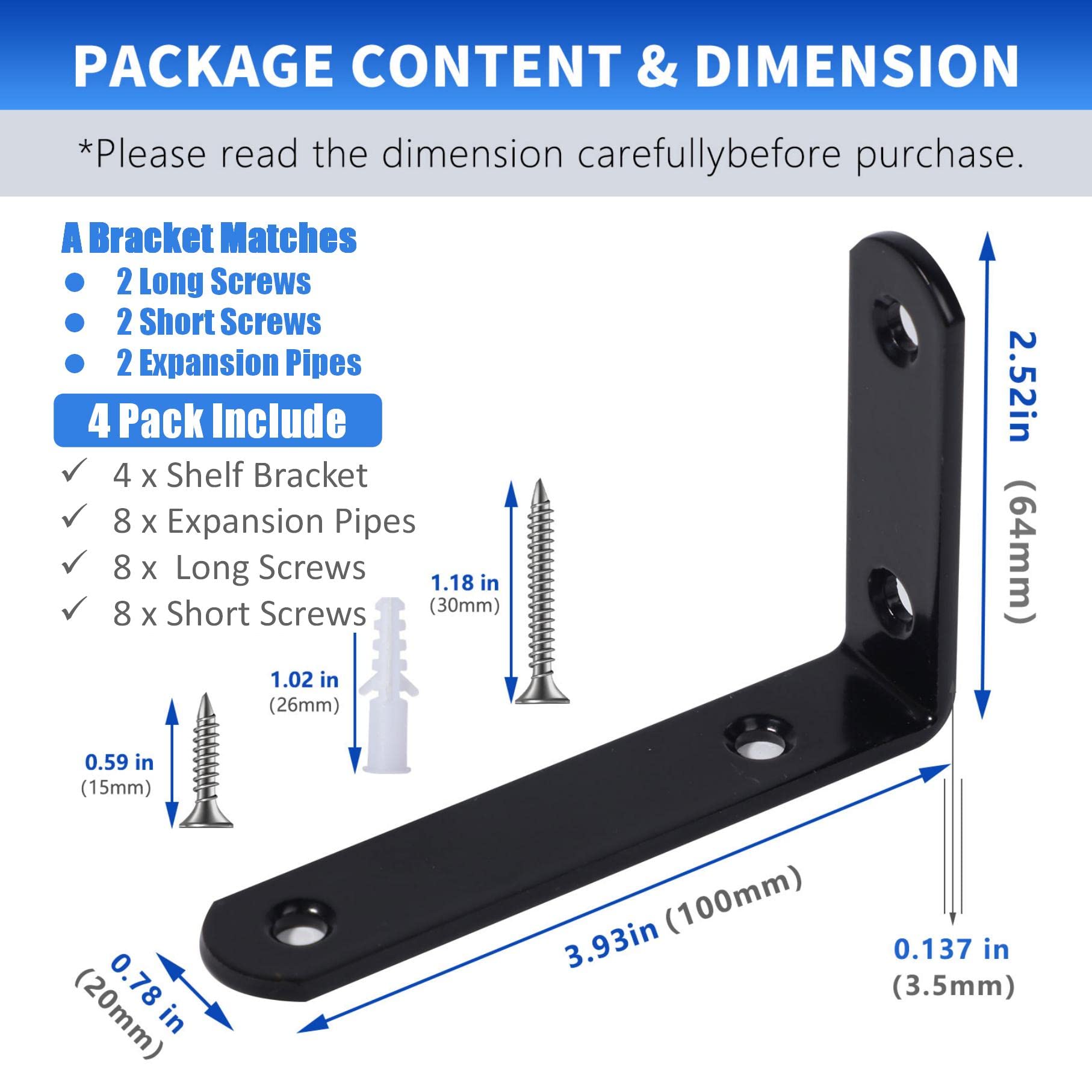 4 Pack 4 Inch Heavy Duty Black Metal Floating Shelf Brackets - Wall Mounted L Bracket Supports for DIY Shelves, Bookshelves & Home Decor (Includes Screws) | Perfect for Kitchen, Bathroom, Living Room & Office Storage