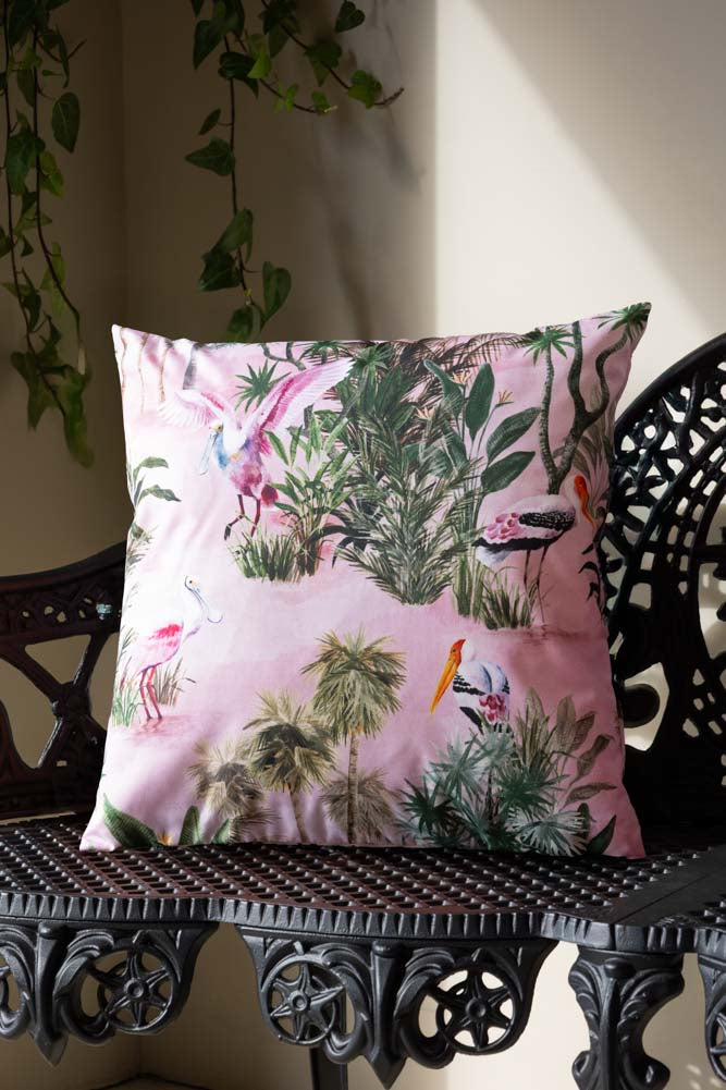 Blush Pink Palms & Tropical Birds Outdoor Cushion - Waterproof Garden Patio Furniture Pillow for Poolside, Porch, and Backyard Decor