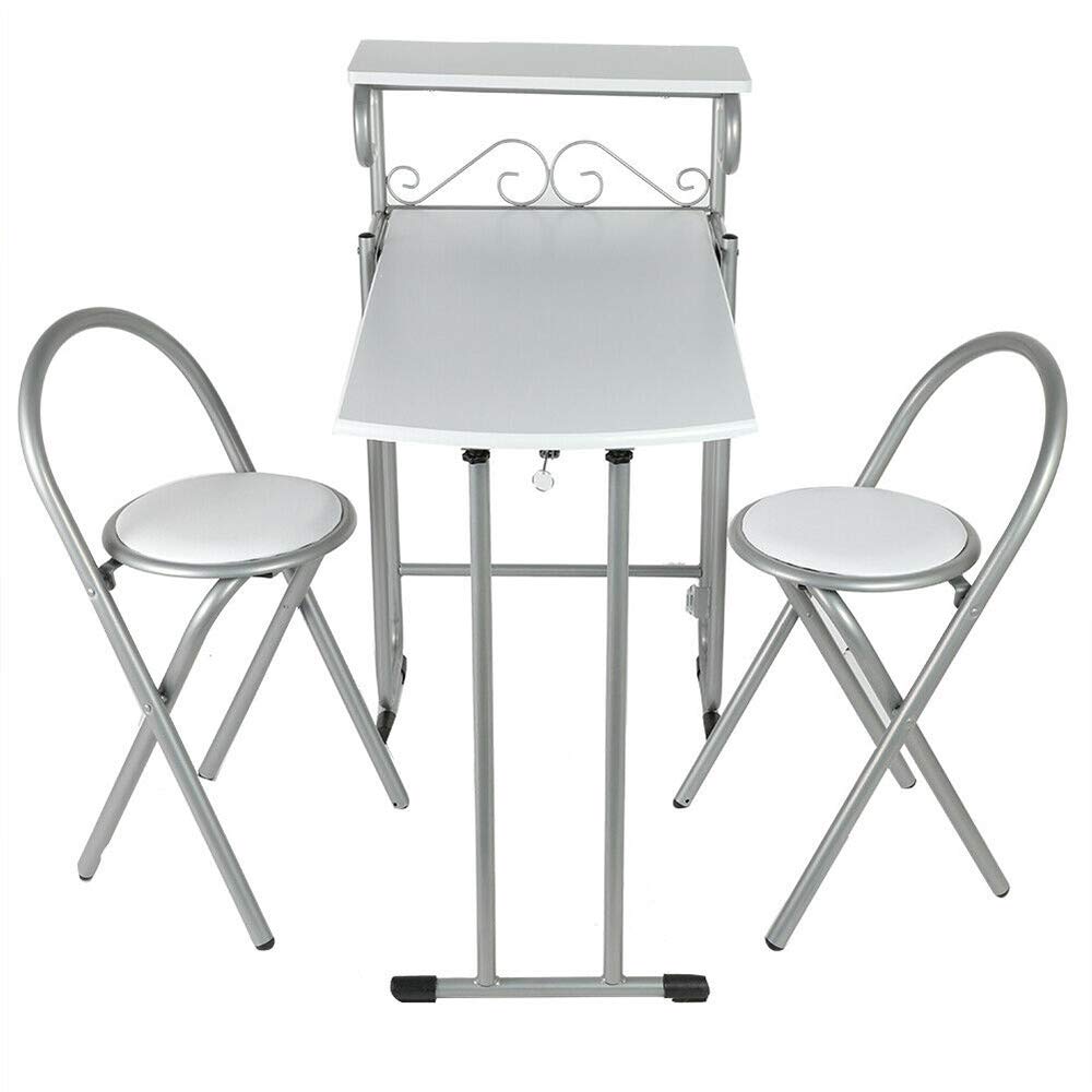 White Folding Dining Set - 3 Piece MDF Metal Table & 2 Chairs for Kitchen, Dining Room, Small Space - 35.24