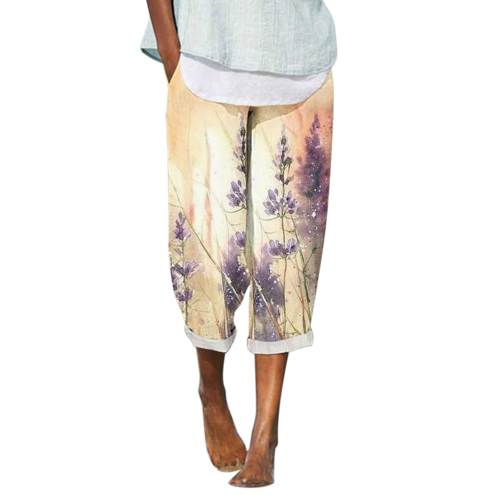 Gibobby Women's Plus Size Linen Cotton Cropped Pants - Soft Drawstring Elastic Waist Summer Casual Pants for Outdoor, Yoga & Lounge Wear