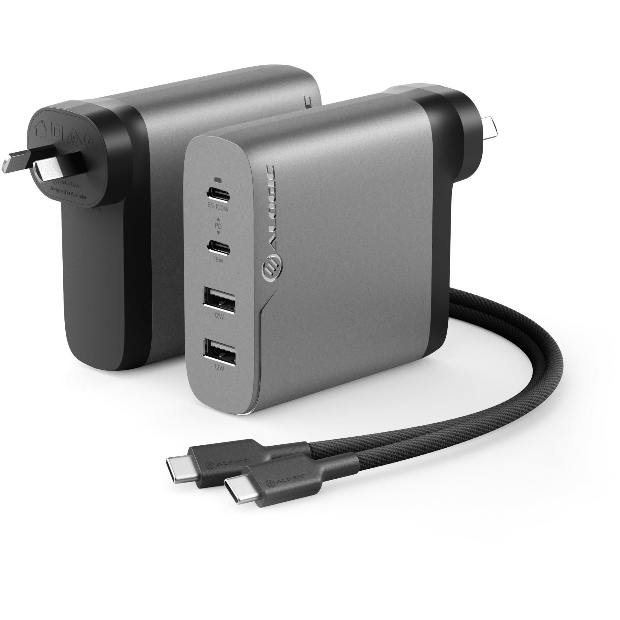 ALOGIC 100W GaN Fast Charger 4-Port USB-C Wall Charger - Space Grey | Compact & Powerful for MacBook, iPhone, iPad, Laptop & More | Home, Office, Travel Charging Station