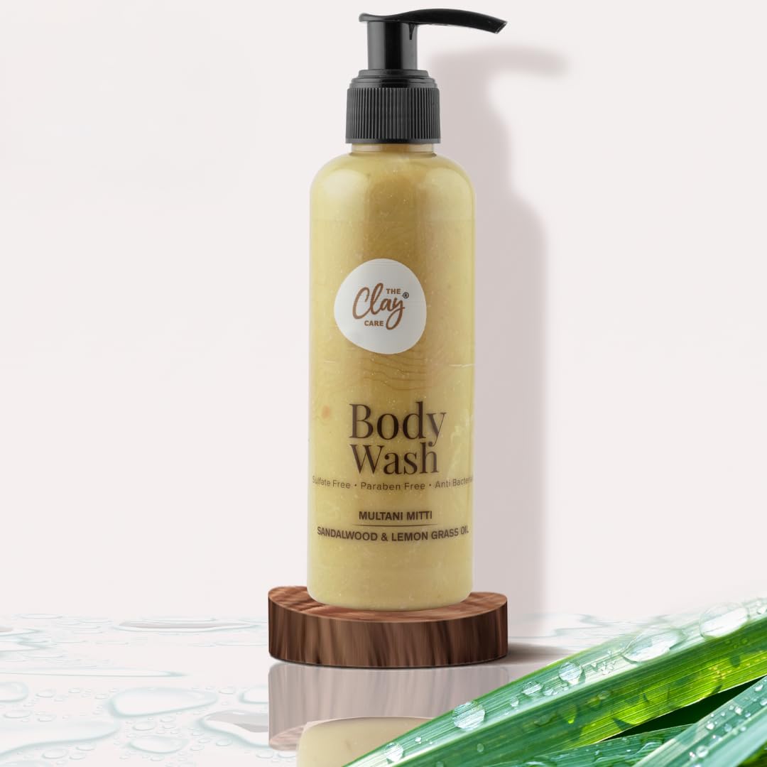 **Clay Care - Antibacterial Body Wash with Multani Mitti (Fuller Earth), Sandalwood & Lemongrass Oil | Natural, Sulfate-Free, Vegan, Paraben-Free, Cruelty-Free | For All Skin Types - Men & Women | 200 ml | Deep Cleansing for Acne-Prone & Oily Skin**