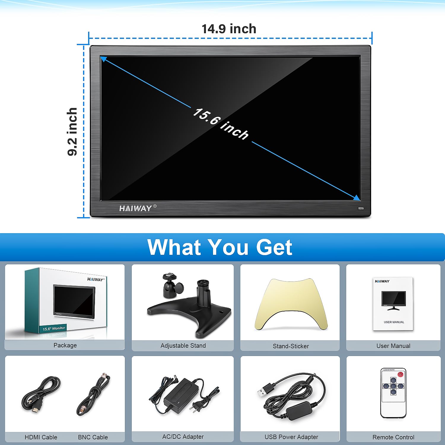 15.6 Inch HD Security Monitor with HDMI/BNC/VGA/AV/USB Ports & Built-in Speakers - 1366x768 Resolution CCTV Display for PC, Laptop, Home Office & Warehouse Surveillance
