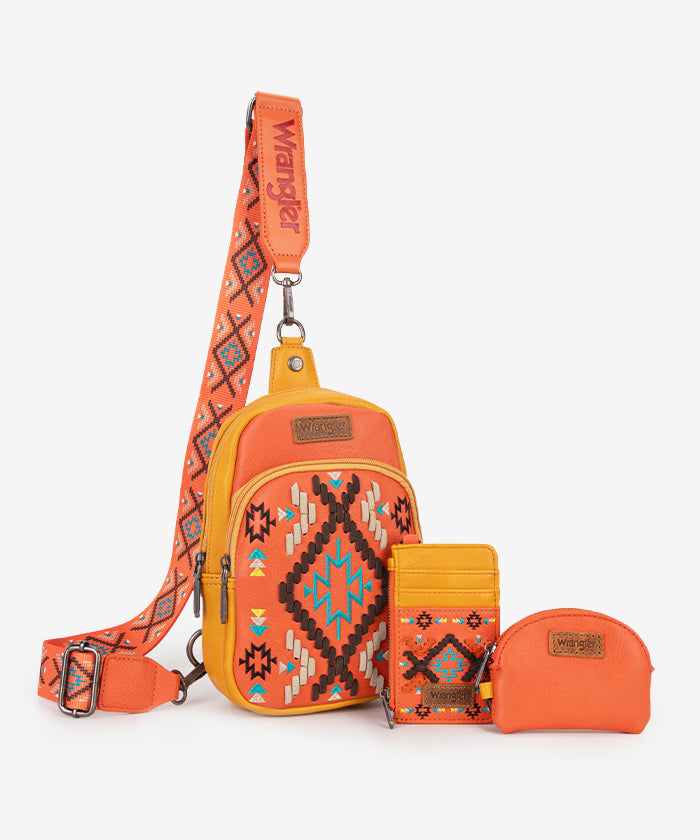 Wrangler Aztec Embroidered Whipstitch Sling Bag - Stylish Crossbody Purse for Women, Men | Perfect for Travel, Hiking & Everyday Use