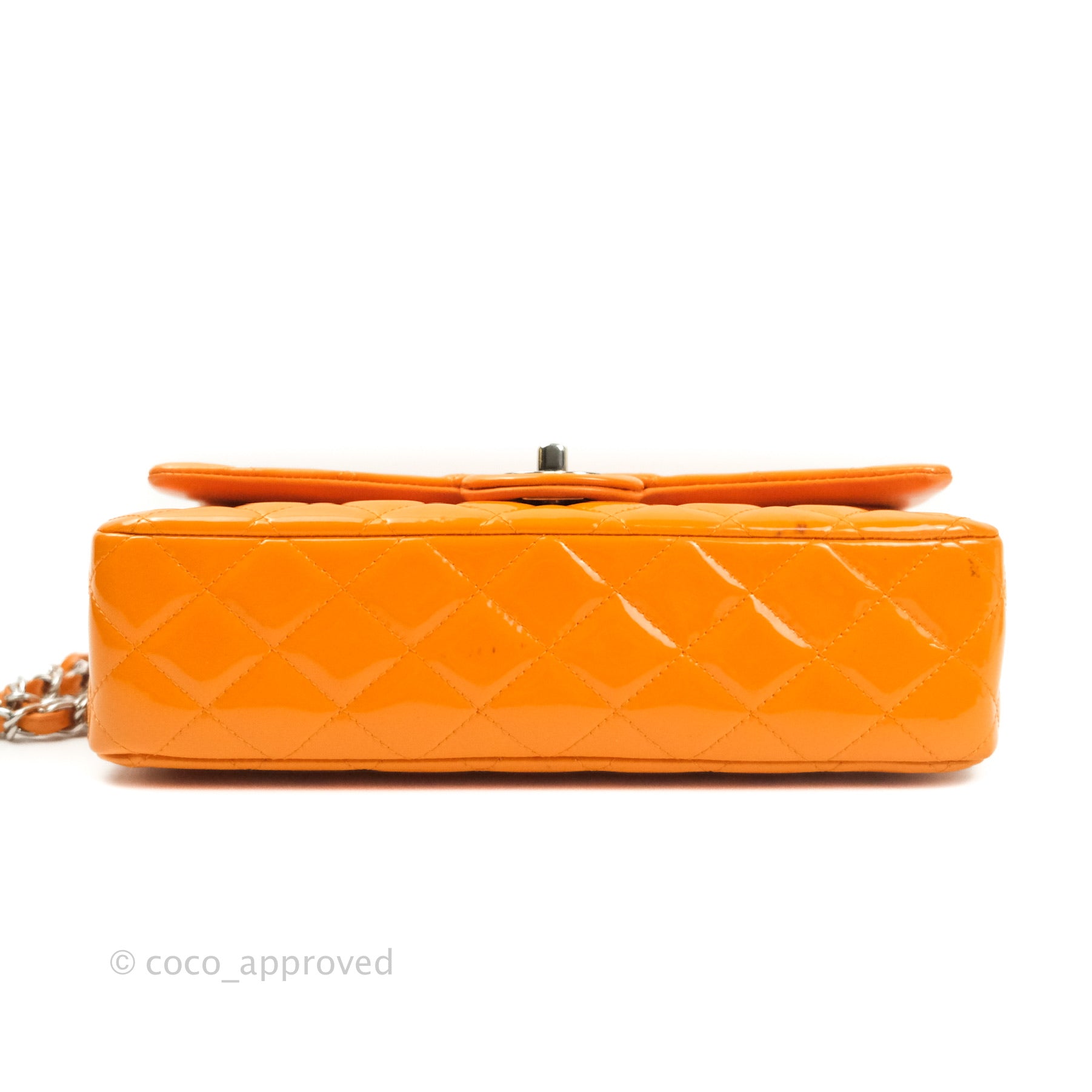 Chanel Classic M/L Medium Double Flap Bag in Orange Patent Leather with Silver Hardware - Perfect for Evening Events & Luxury Fashion Accessories