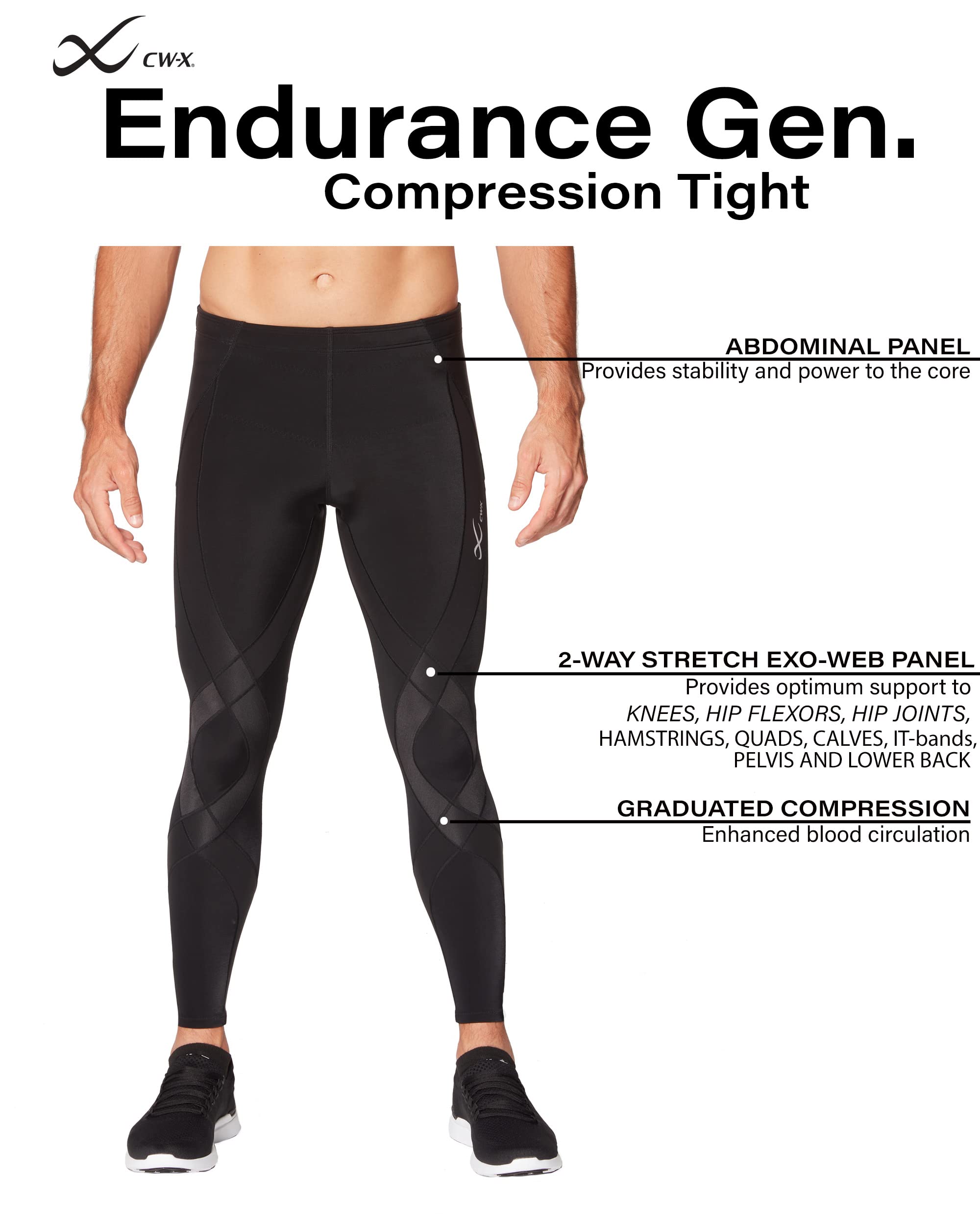 CW-X Men's Endurance Generator Compression Tights - Joint & Muscle Support Running Pants for High Performance Workouts & Marathon Training