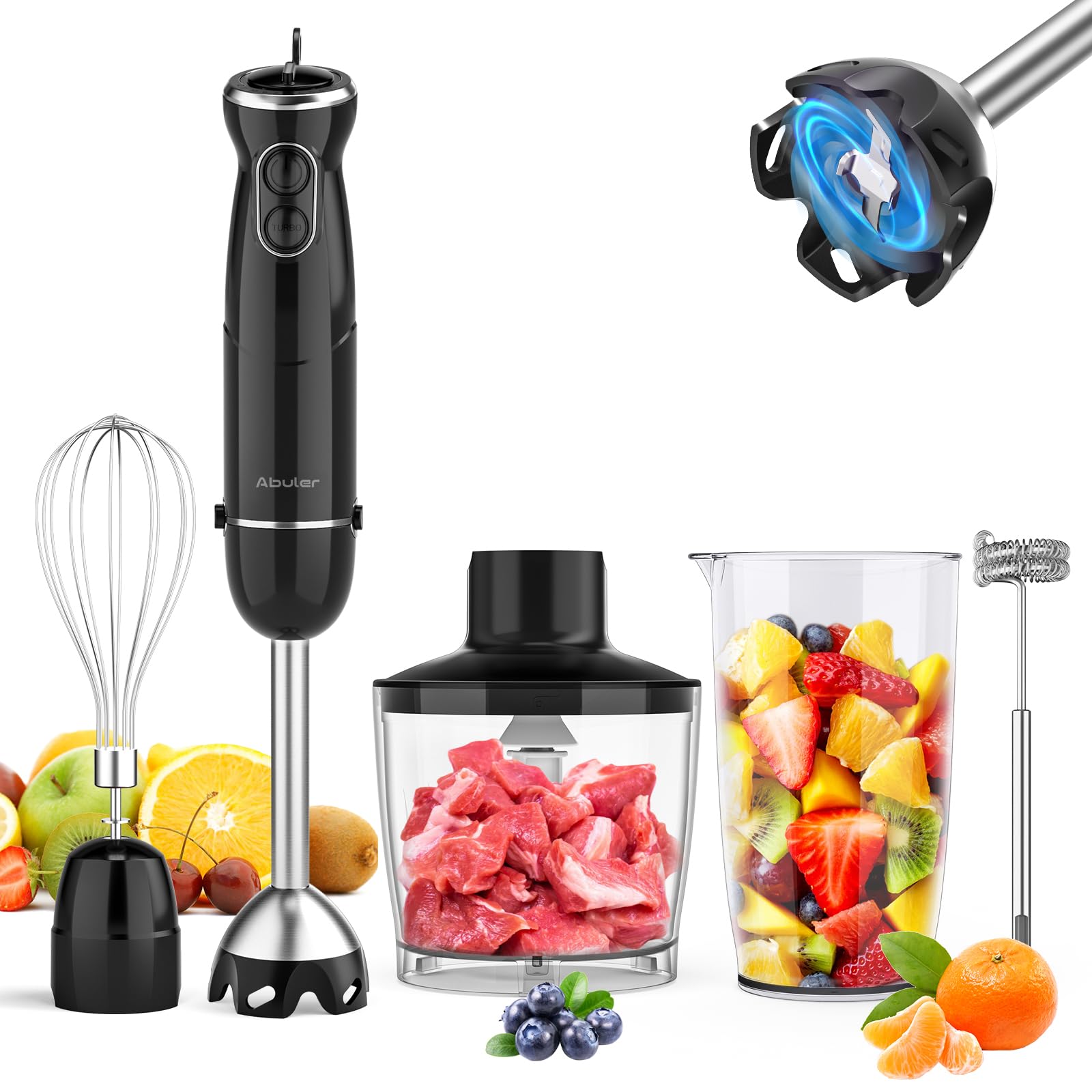 **Abuler 1000W Immersion Hand Blender, 5-in-1 Stick Blender with 12 Speeds - BPA-Free, Scratch-Resistant, Includes Beaker, Chopper, Whisk & Frother - Perfect for Soups, Sauces, Smoothies & Baby Food (Black)**