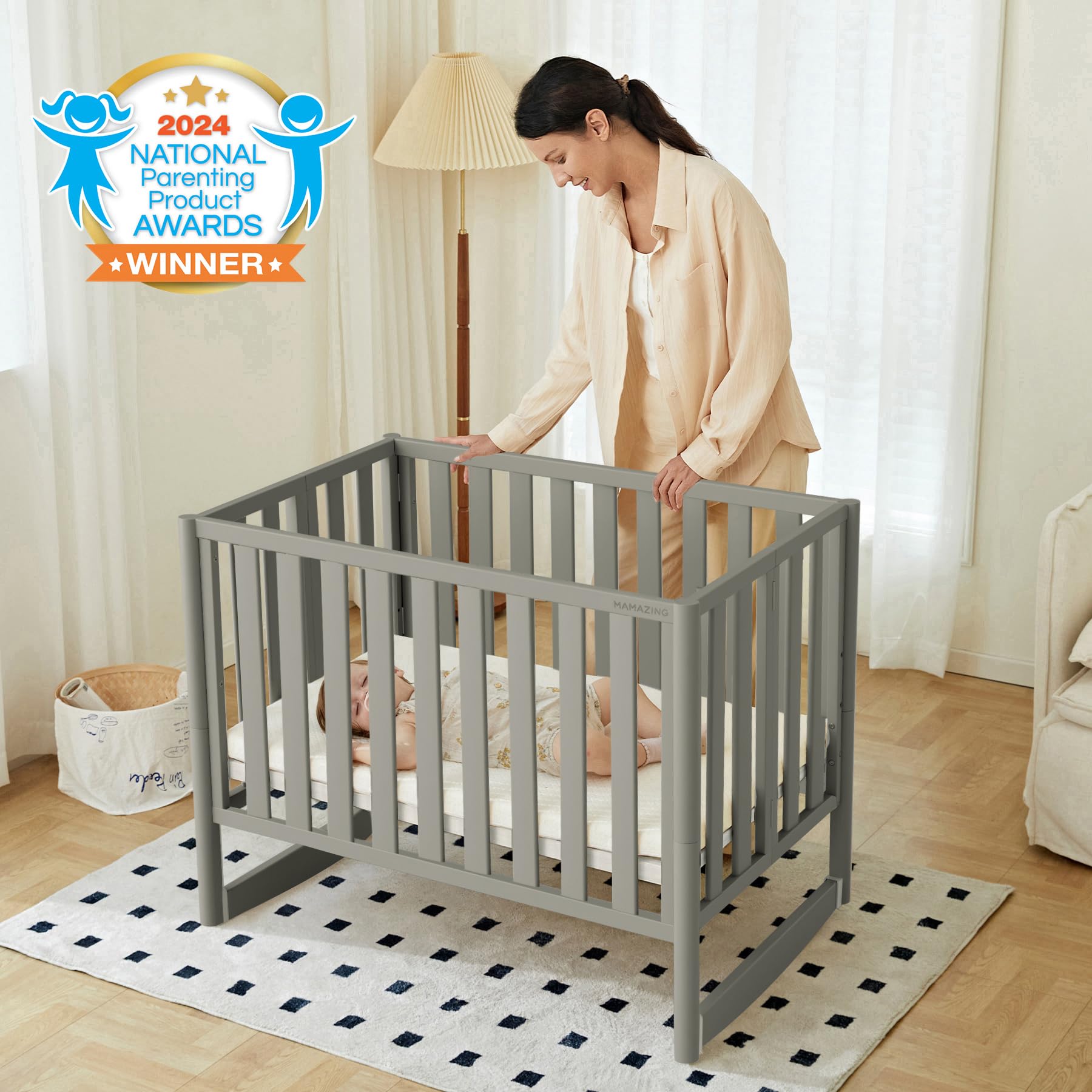EvoNook 7-in-1 Convertible Mini Crib - Portable Folding Baby Bed with Wheels, 100% New Zealand Pine Wood, 4 Adjustable Heights (Crib to Toddler Bed) - Perfect for Nursery, Small Spaces & Travel