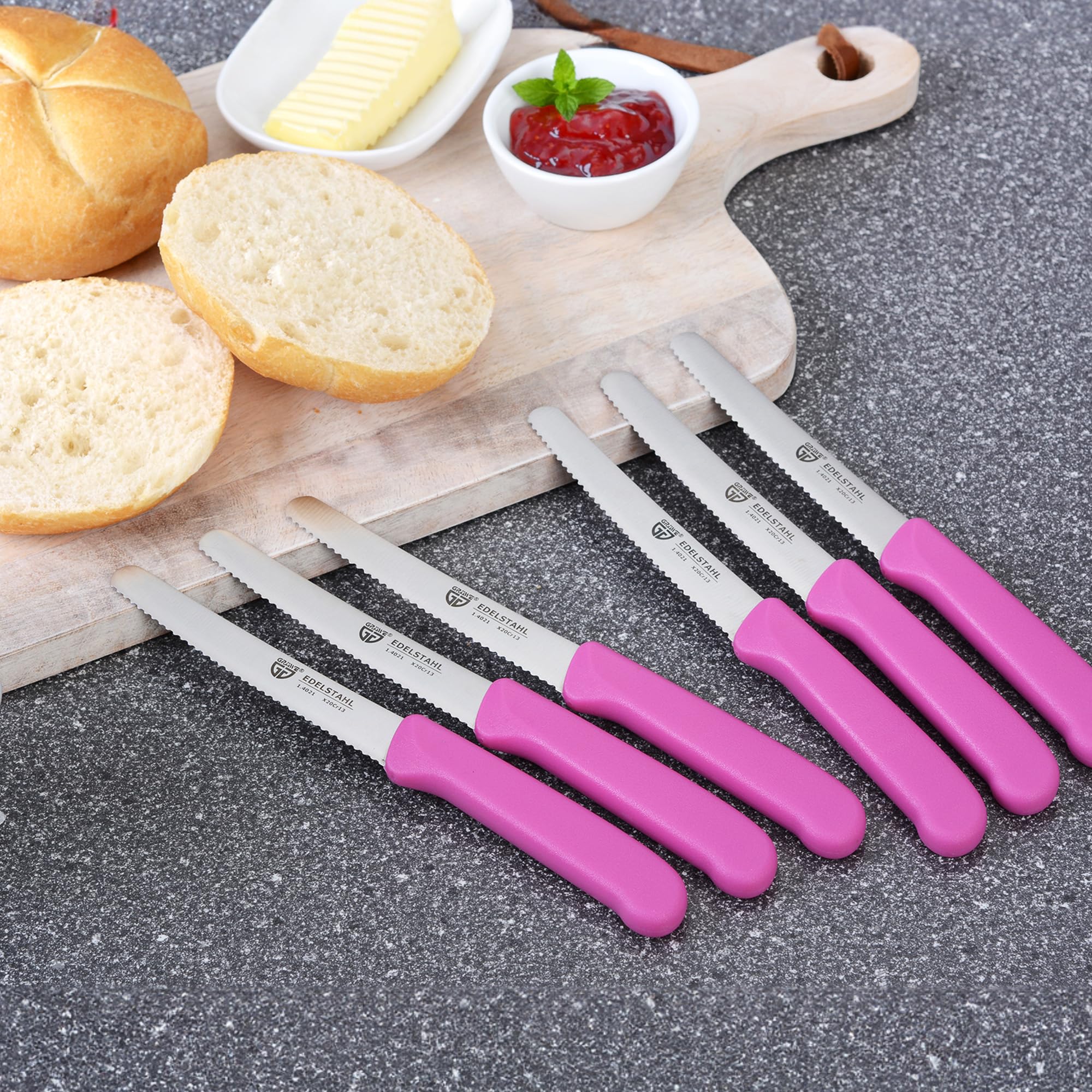 6-Piece Serrated Table Knife Set - 8.3 Inch Pink Bread Knives for Cutting, Breakfast & Kitchen Use | Perfect for Slicing Bread, Fruits & Pastries | Dishwasher Safe Kitchen Utensils