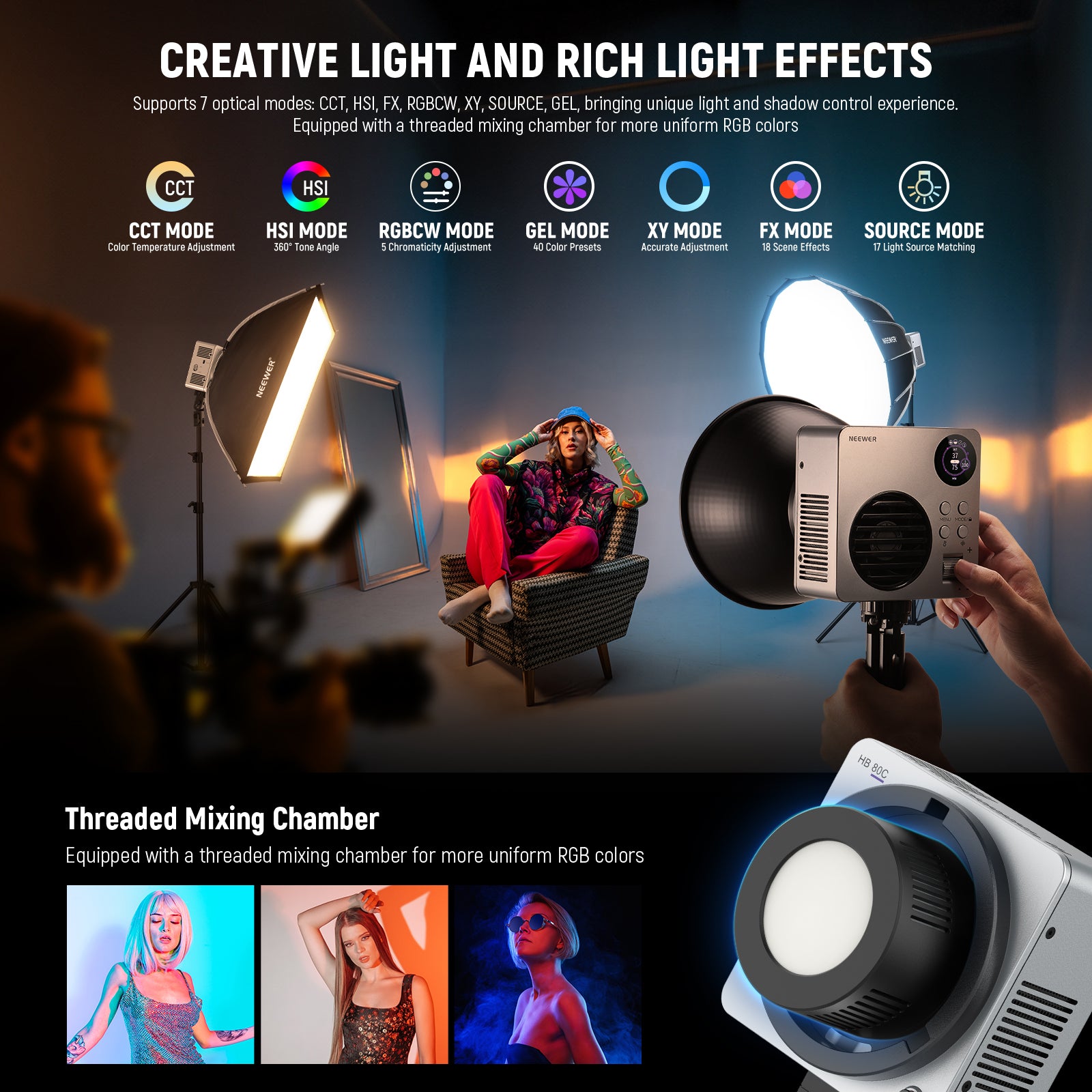 NEEWER HB80C 80W RGBWW Mini COB LED Video Light - Professional Continuous Lighting for Photography, Videography & Live Streaming - Perfect for YouTube, TikTok & Studio Productions