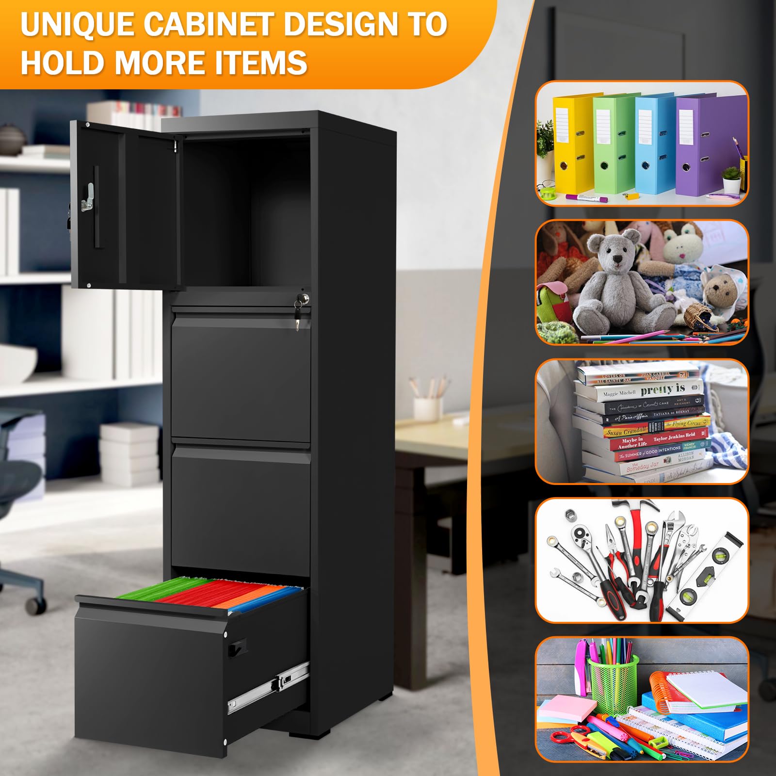 3-Drawer Metal File Cabinet with Locking Door - Secure Vertical Storage for Letter, Legal & A4 Folders - Anti-Tip Design for Home Office Organization - Easy Assembly Black Filing Cabinet for Documents & Records
