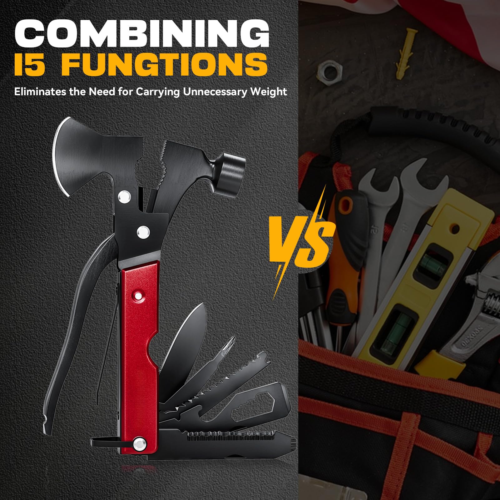15-in-1 Multitool Axe for Camping, Hunting & Hiking - Perfect Gift for Men, Husband, Boyfriend or Dad - Birthday Gadget Ideas - Great for Outdoor Adventures, Survival Gear & DIY Projects