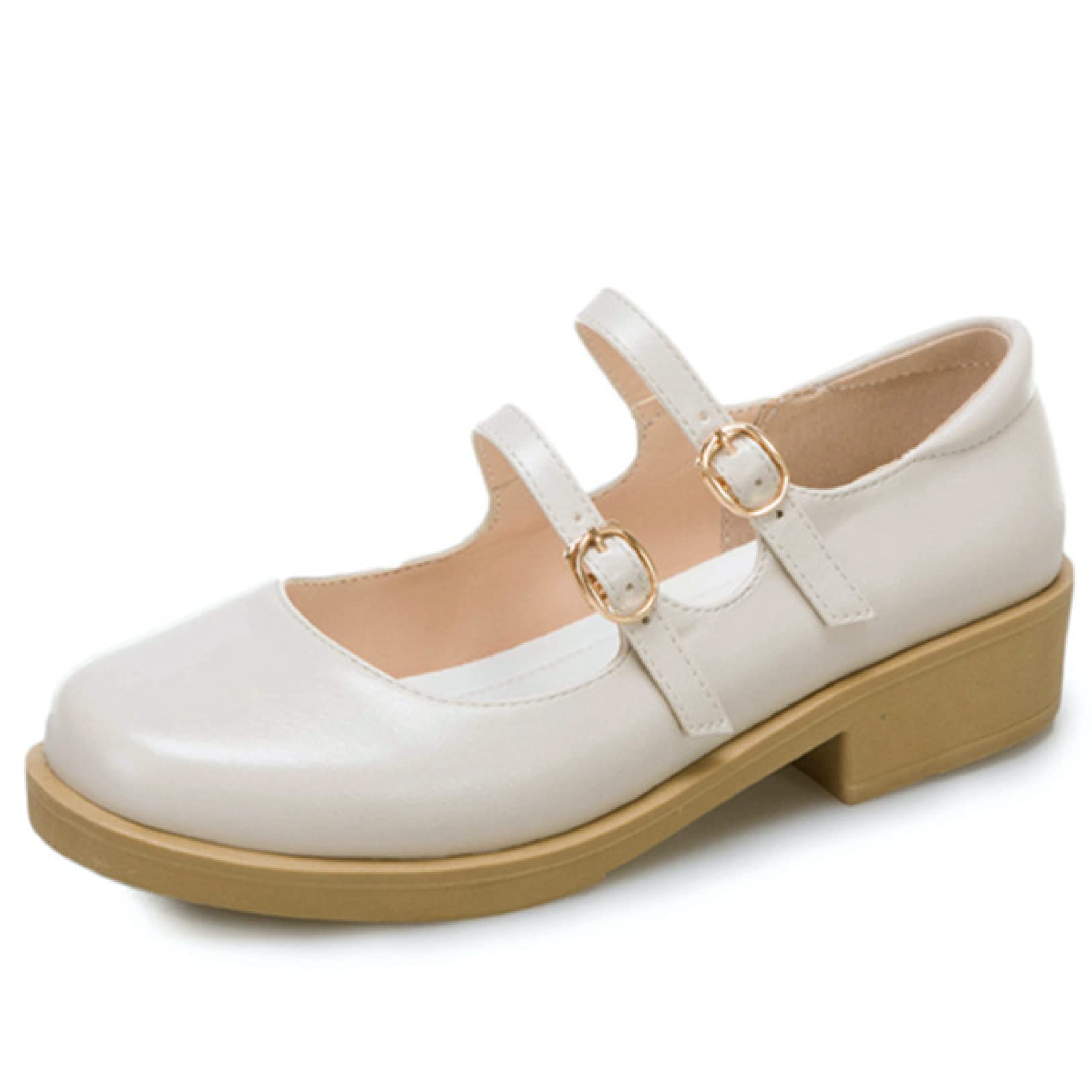 QSCQ Women's Double Strap Buckle Mary Jane Pumps - Comfortable Low Heel Dress Shoes with Round Toe & Wear-Resistant Sole for Work, Office, and Formal Occasions