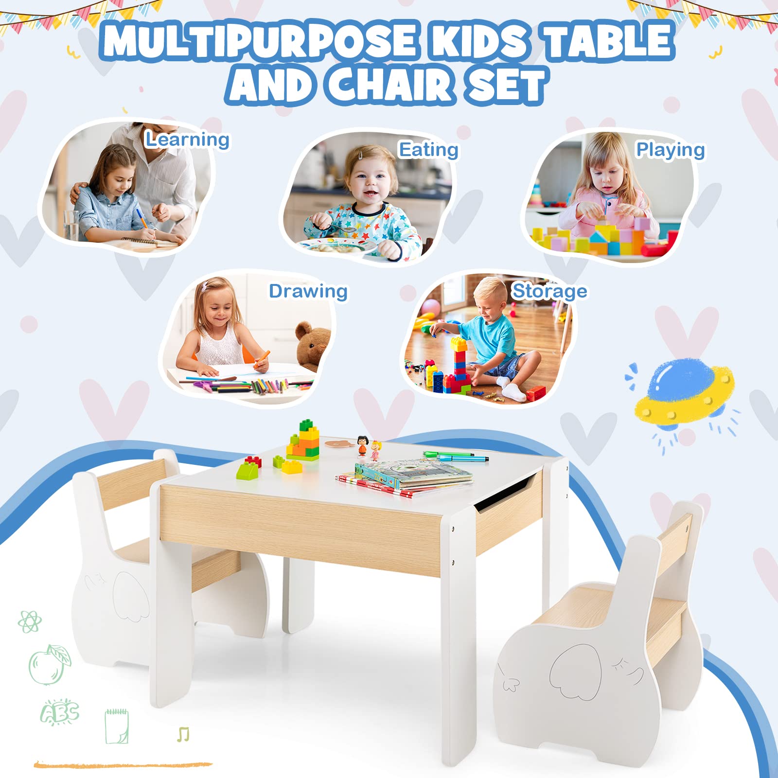 HONEY JOY 4-in-1 Kids Wooden Table and Chair Set with Storage - 2 Chairs, Reversible Blackboard & Activity Table for Art, Crafts, Learning - Toddler Furniture Gift for Boys & Girls (White) - Perfect for Playrooms, Preschools & Home Learning Spaces