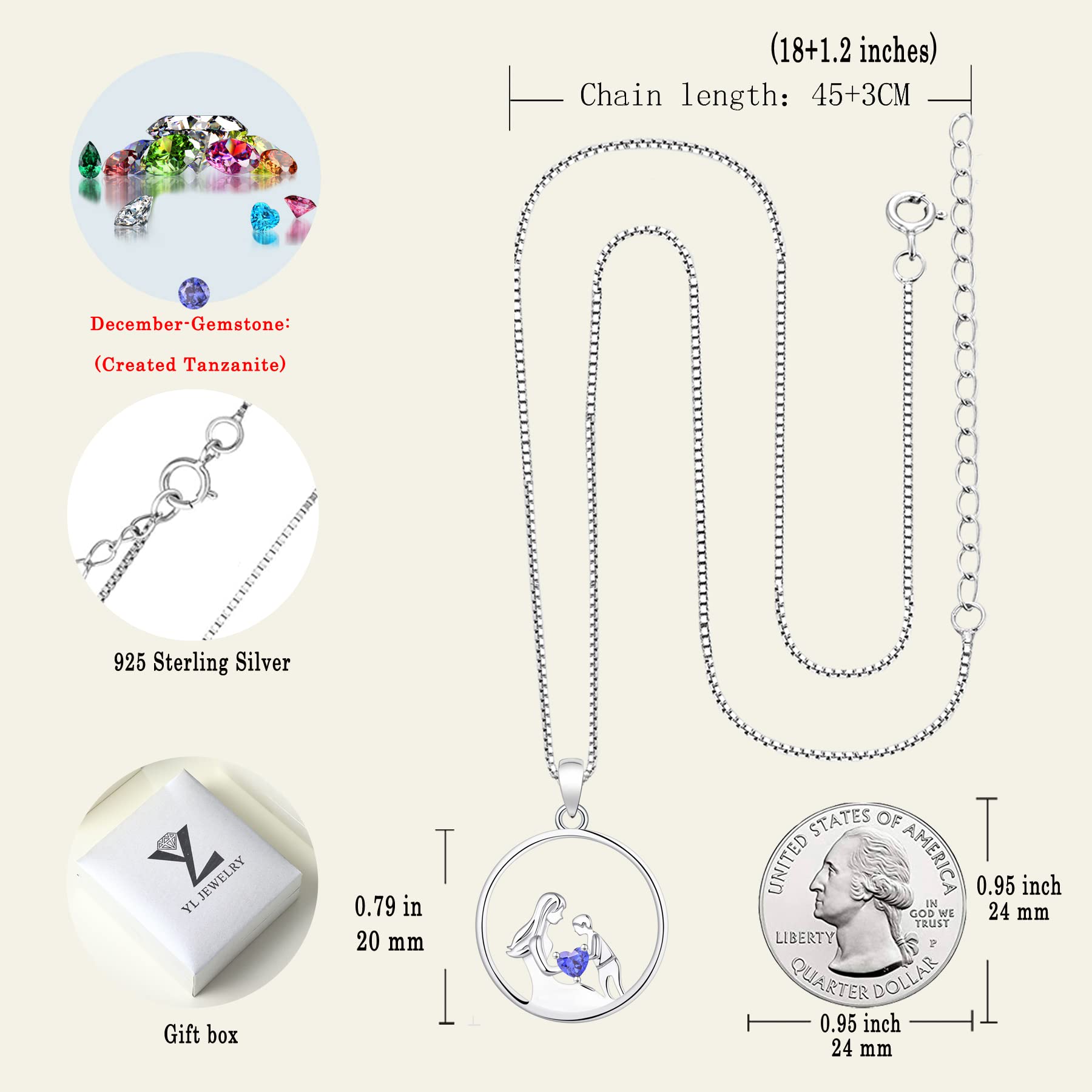 YL Women's Mother Necklace - 925 Sterling Silver Round Mum Pendant with Birthstone - Personalized Jewelry Gift for Mom, Grandma, Wife - Perfect for Mother's Day, Birthday & Anniversary Gifts