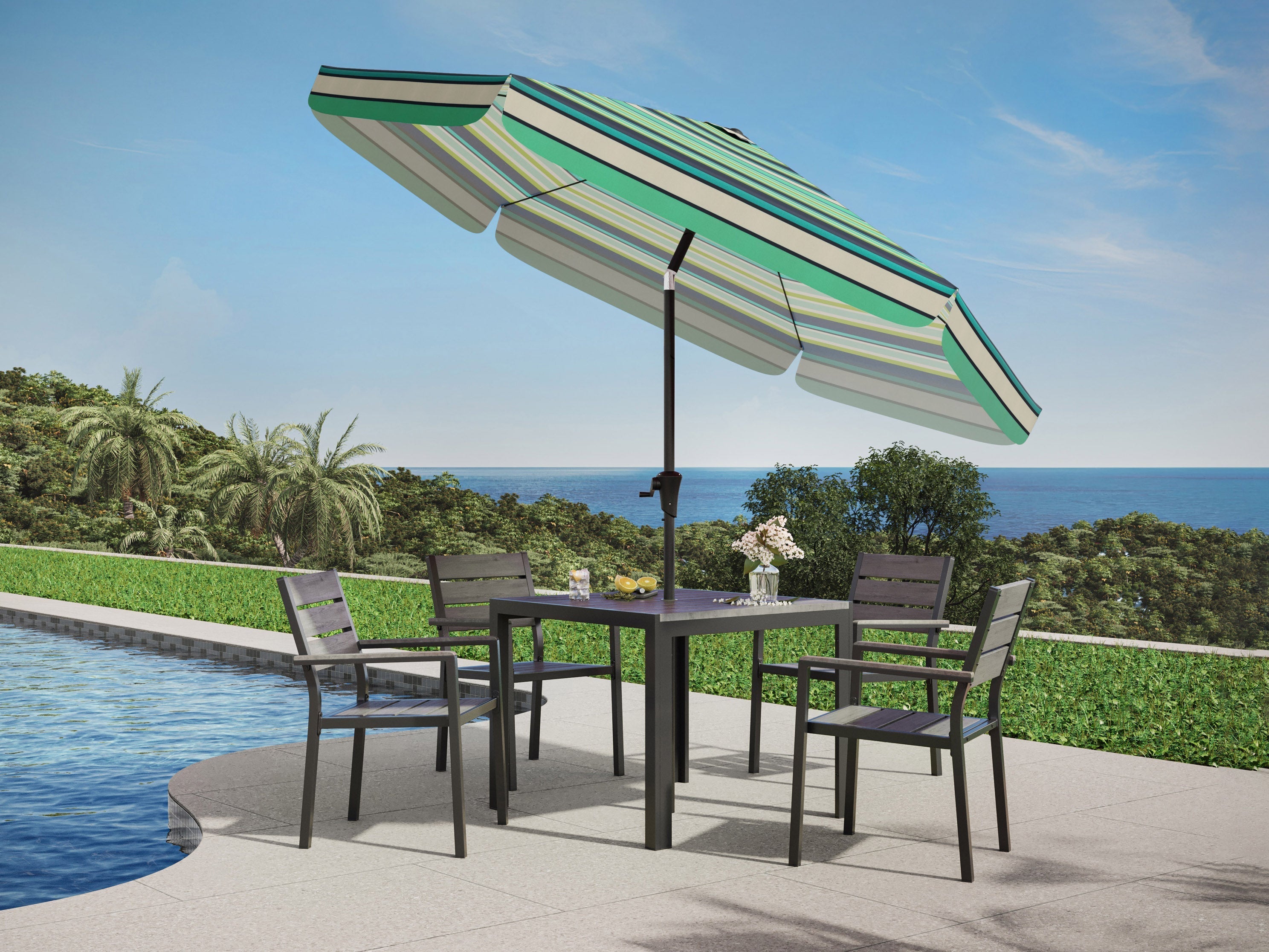 10ft Round Green and White Outdoor Patio Umbrella - Sun Shade for Garden, Poolside, and Backyard Relaxation