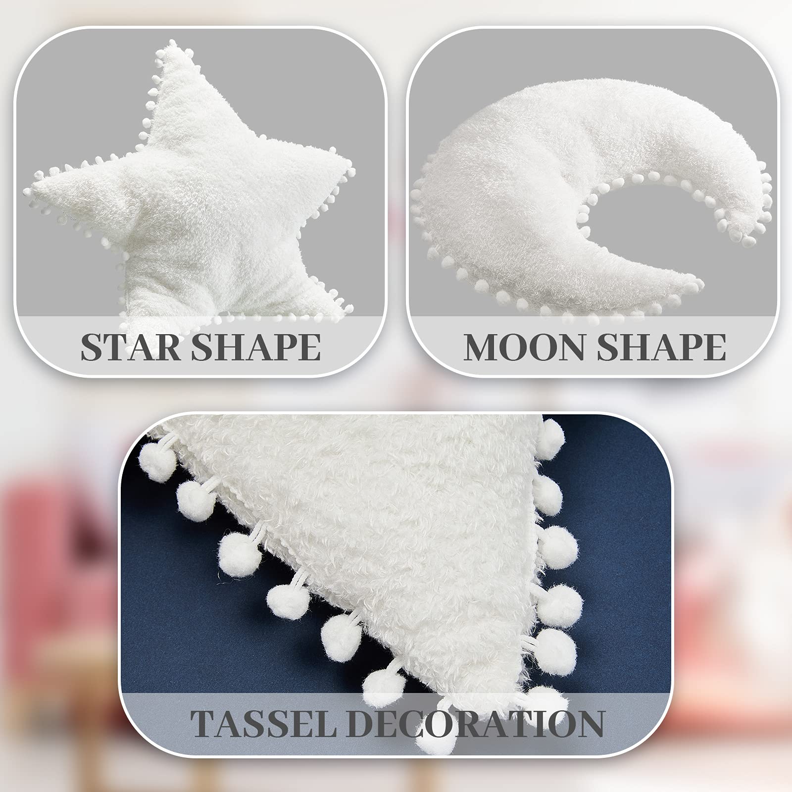 2-Piece Star and Moon Shaped Plush Pillow Set - Soft Decorative Nursery Pillows for Kids, Girls & Boys - Perfect for Bedroom Decor, Birthday Gifts and Baby Showers (White)