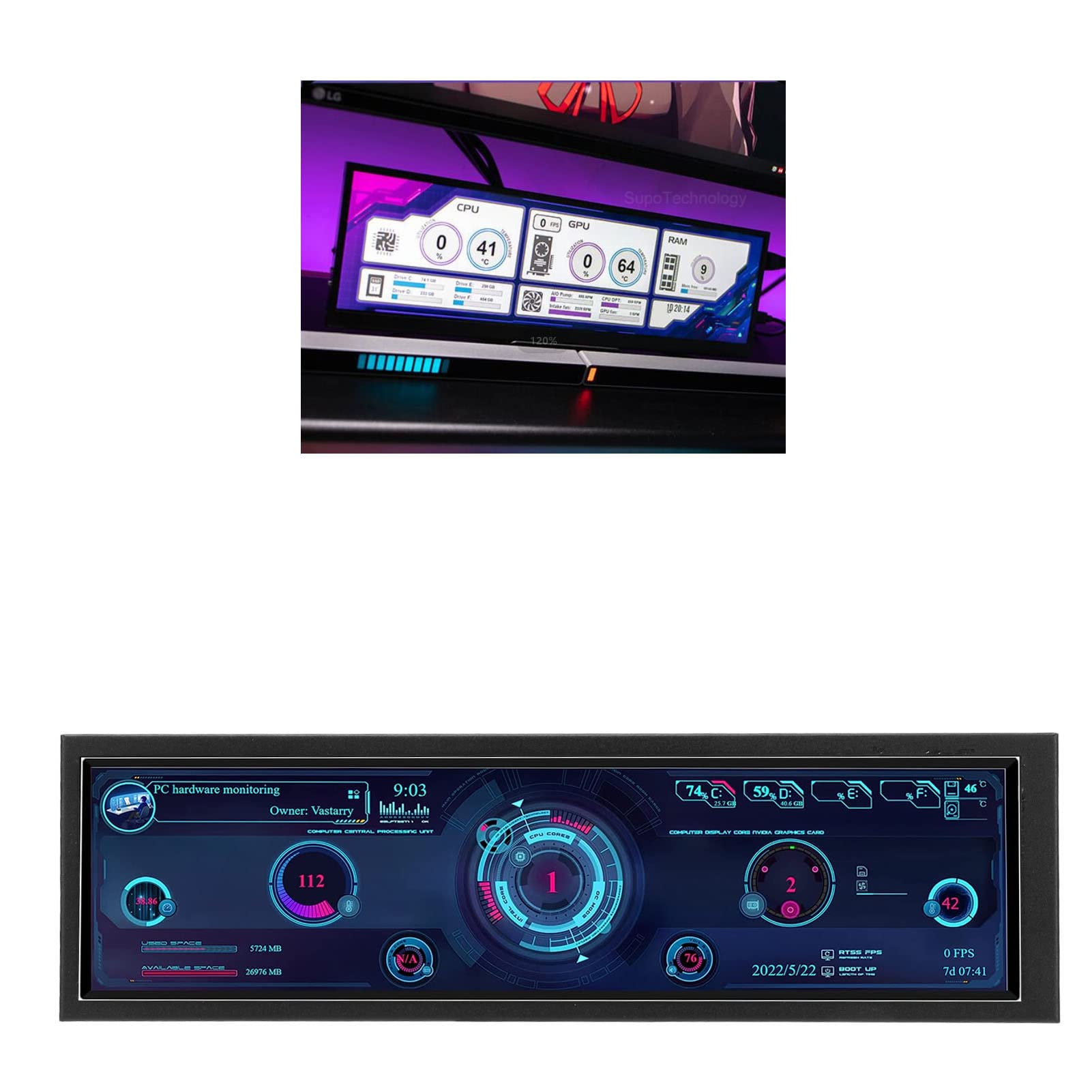 SUNGOOYUE 8.8 Inch USB Display Screen - 1920x480 Resolution CPU GPU SSD Temperature Monitor - Raspberry Pi Chassis Sub Screen for PC Builds & Gaming Rigs - Perfect for System Monitoring & DIY Projects