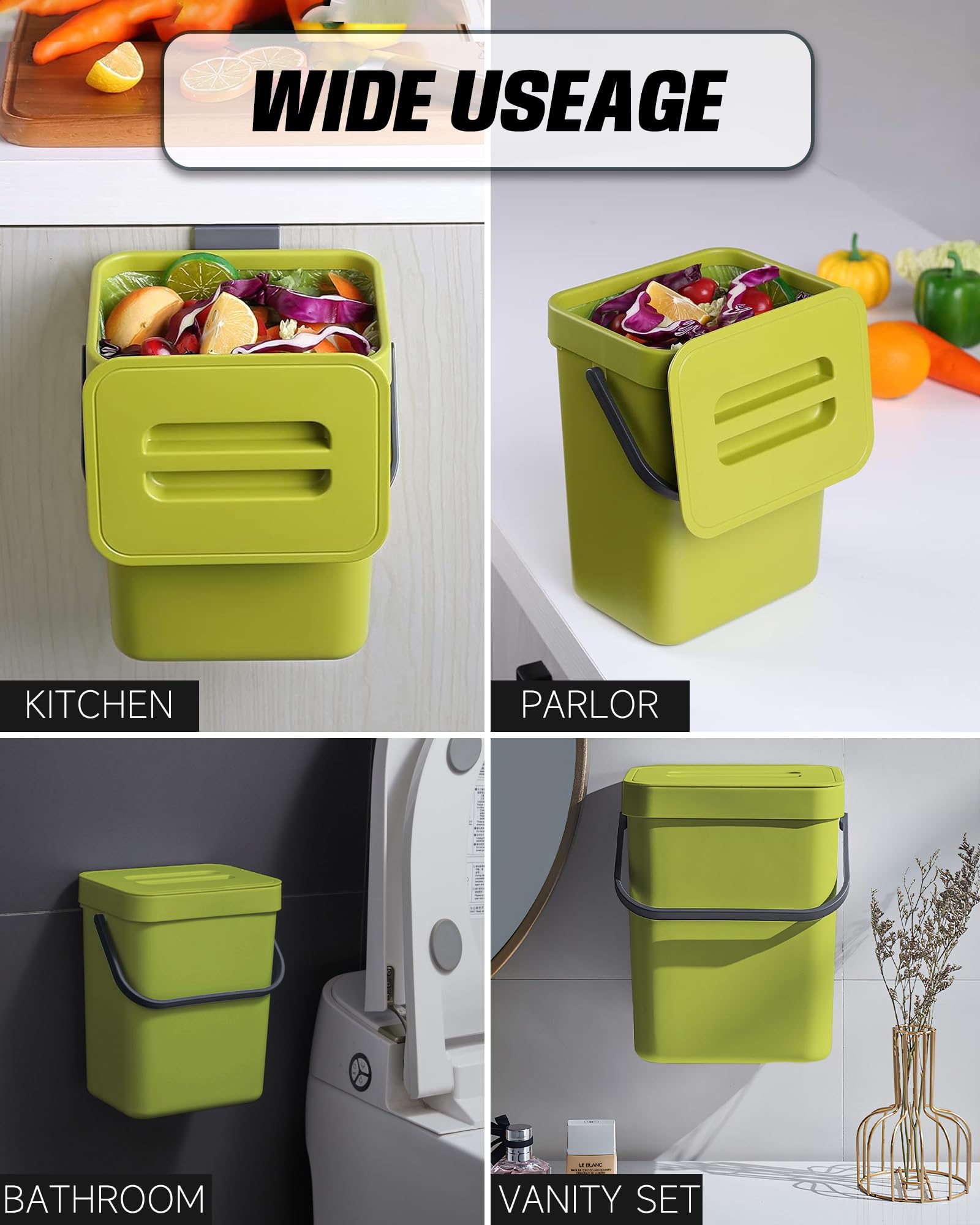 Eco-Friendly 5L/1.3 Gal Kitchen Compost Bin with Lid - Countertop, Under Sink or Wall Mount Indoor Compost Bucket for Organic Waste (Lime Green) | Perfect for Small Spaces, Apartments & Sustainable Living