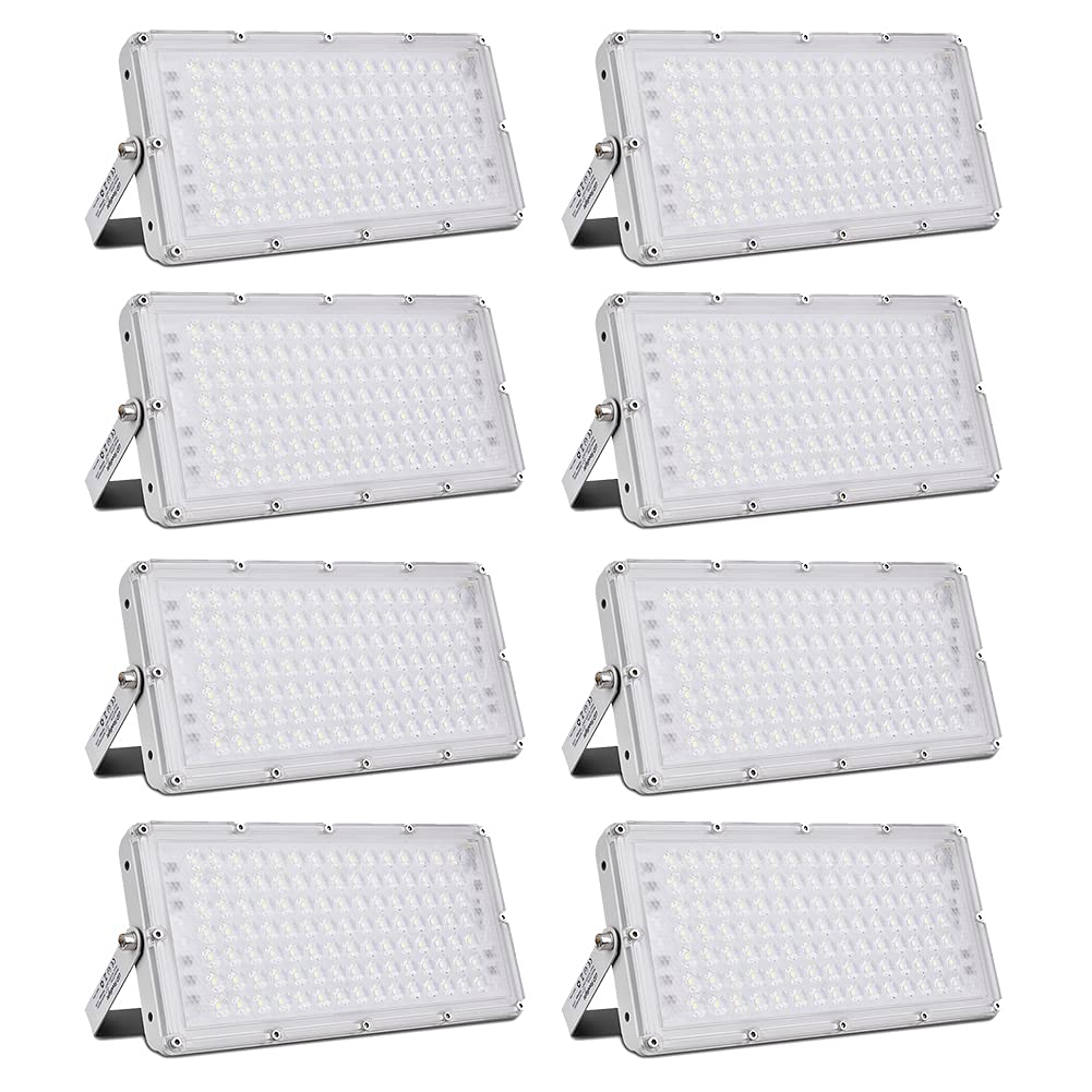 8PCS 100W LED Flood Lights Outdoor - 8000LM Bright Security Lights, 6000K Daylight White, IP65 Waterproof for Stadium, Lawn, Arena, Yard, Garage | Perfect for Outdoor Sports, Parking Lots & Backyard Lighting