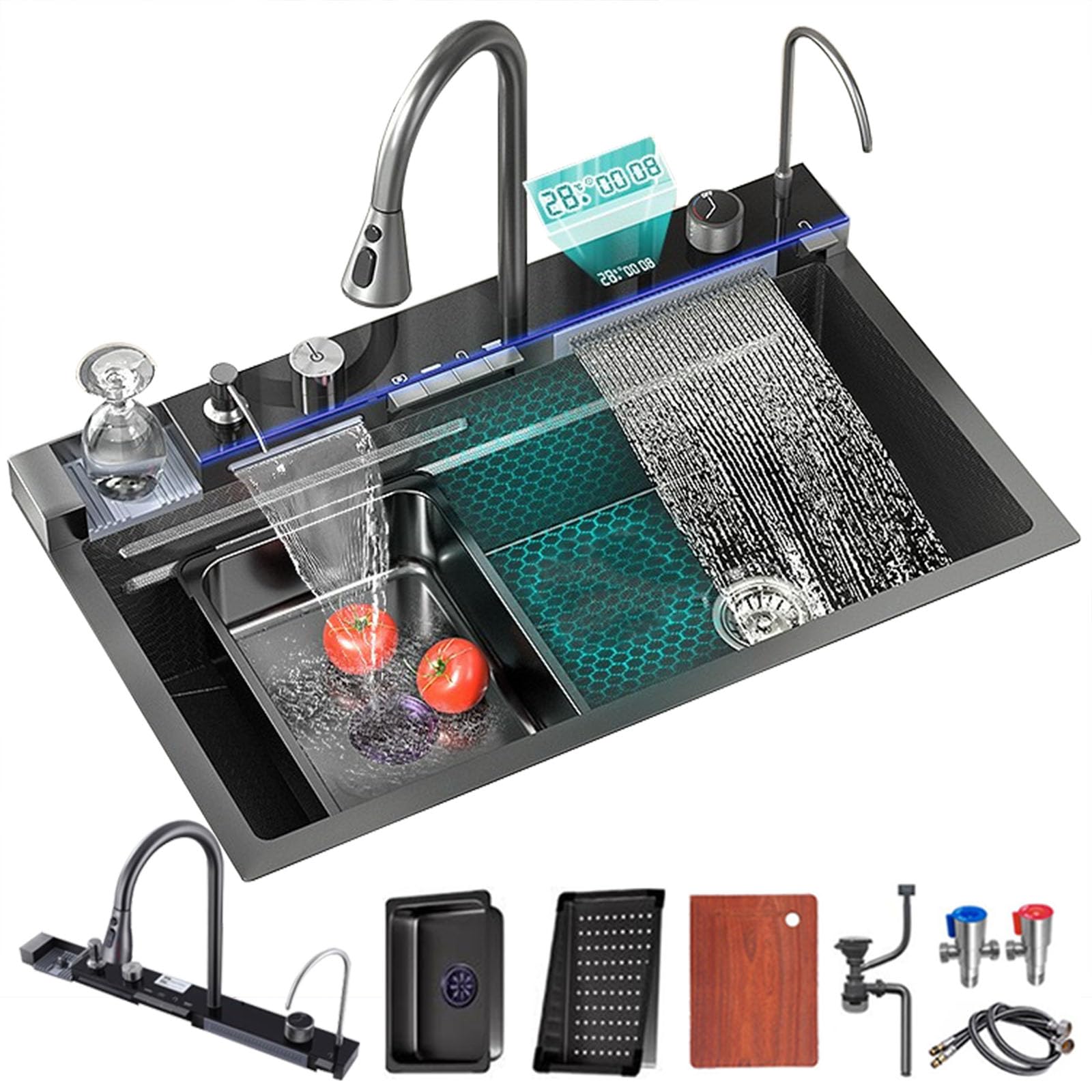 Premium Whale Digital Waterfall Kitchen Sink with Cup Washer, Soap Dispenser & Touch Controls - Modern Gun Grey Workstation Sink (31.5