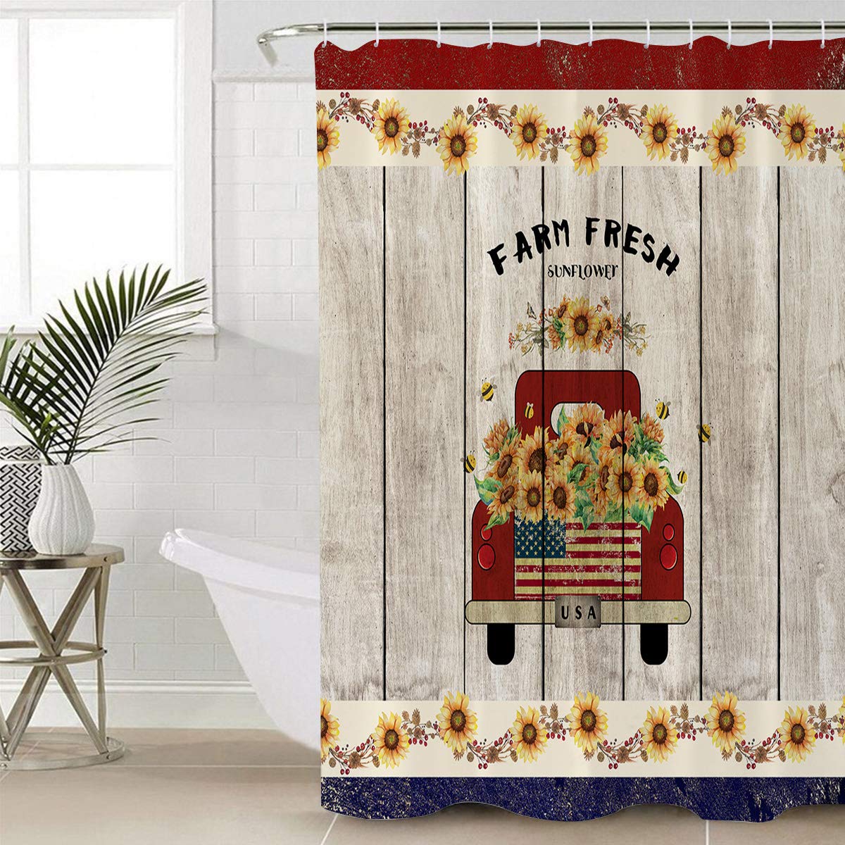 ALAGEO Red Truck Shower Curtain - Waterproof Polyester Fabric with Retro Farm Fresh Sunflower & USA Flag Design (54x78 Inches) - Bathroom Decor Set Includes Hooks - Perfect for Farmhouse, Rustic, or Patriotic Bathroom Themes
