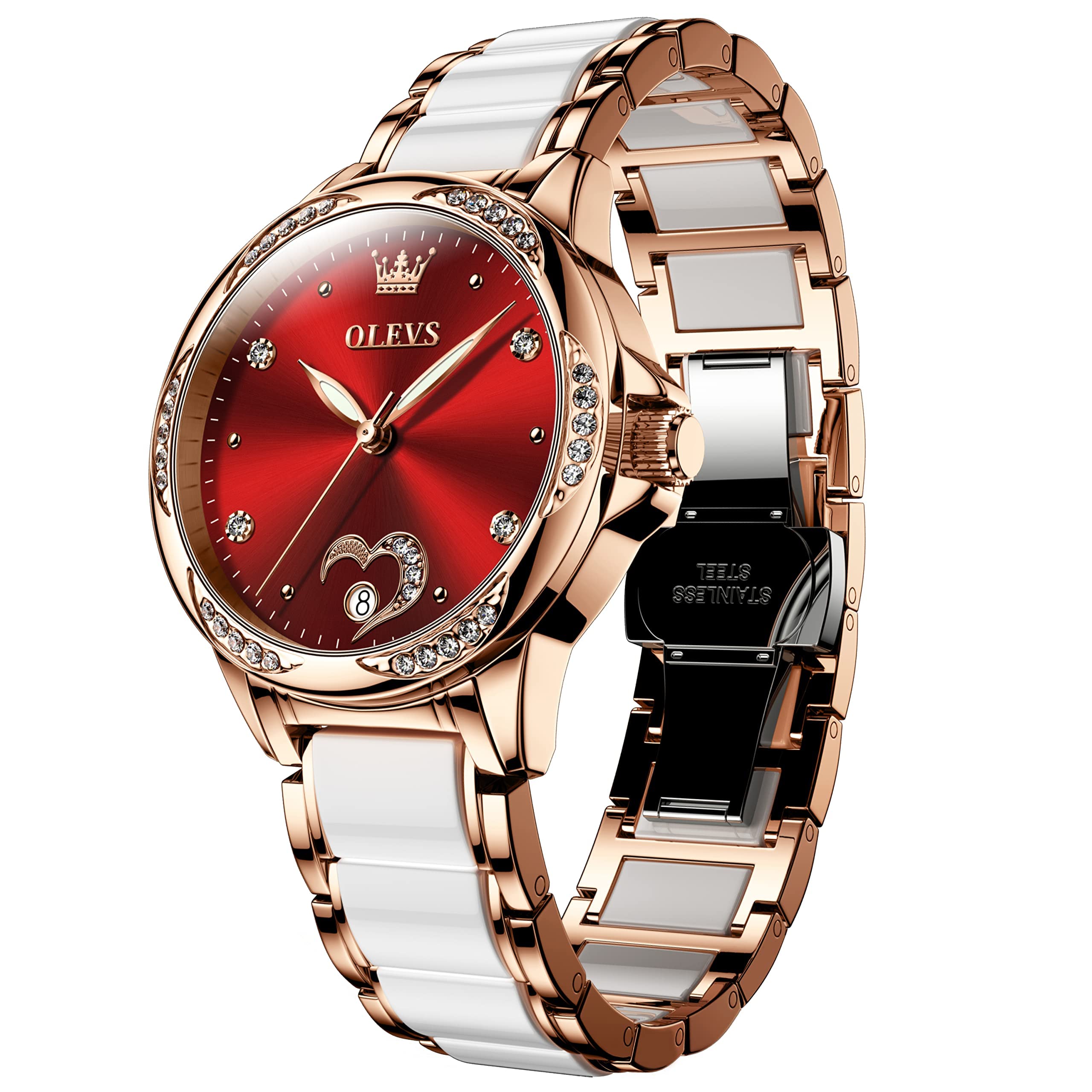OLEVS Women's Automatic Watch - Premium Large Face Diamond Accented Self Winding Ladies Watch, Fashion Waterproof Dress Watch with Two Tone Stainless Steel & Ceramic Bracelet | Perfect for Business, Party & Everyday Wear