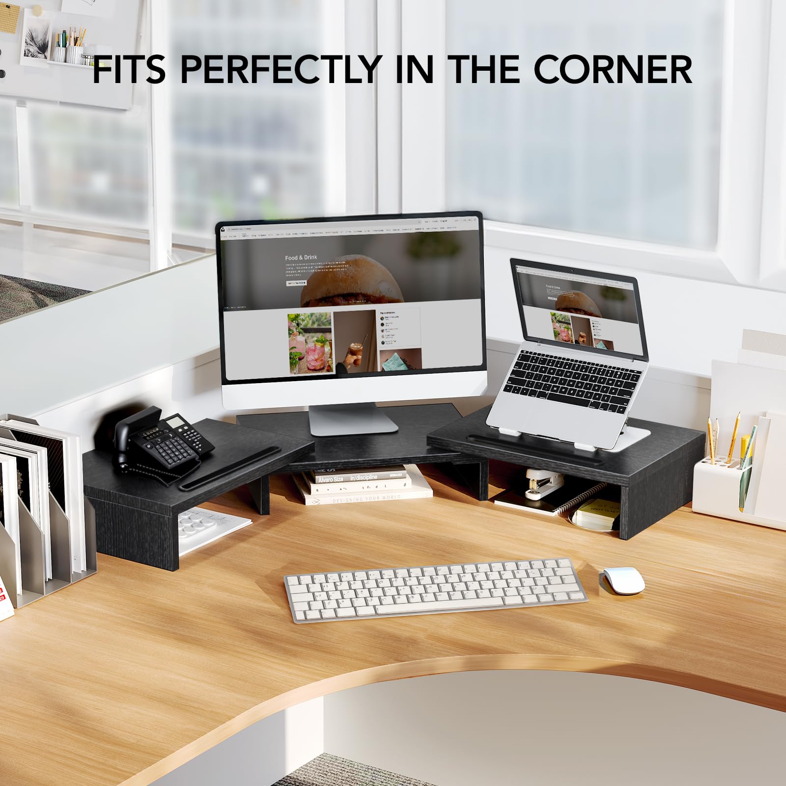 HUANUO Dual Monitor Stand Riser - Adjustable Desk Mount for 2 Screens with Storage Slots, Multi-Purpose Computer Monitor Shelf for PC, Laptop, Home & Office Workspace - Black (Space-Saving Desk Organizer for Productivity)