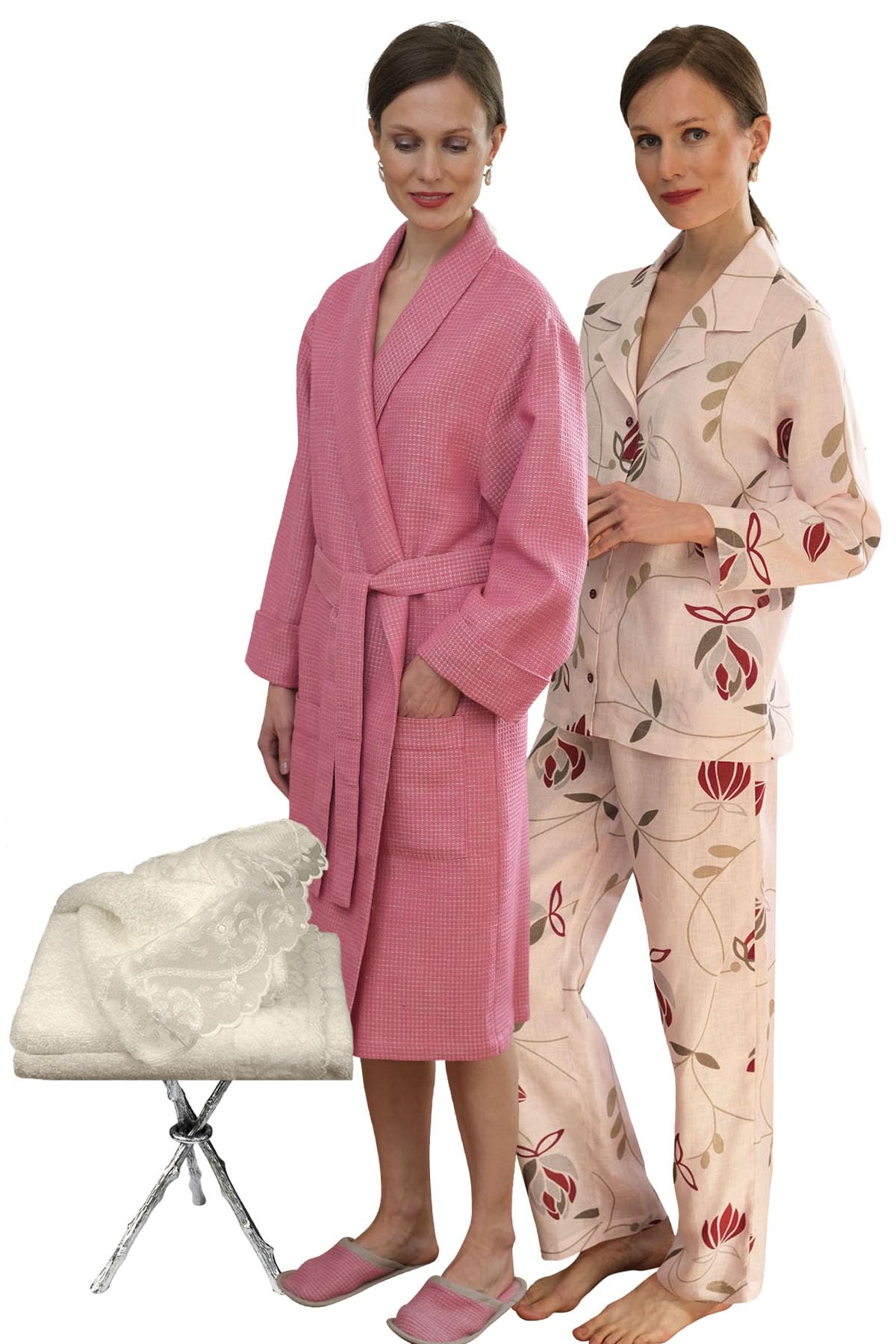 Women's 4-Piece Pajama Set with Matching Bathrobe, Slippers & Hand Towel - Soft European Loungewear for Sleep, Spa & Relaxation at Home