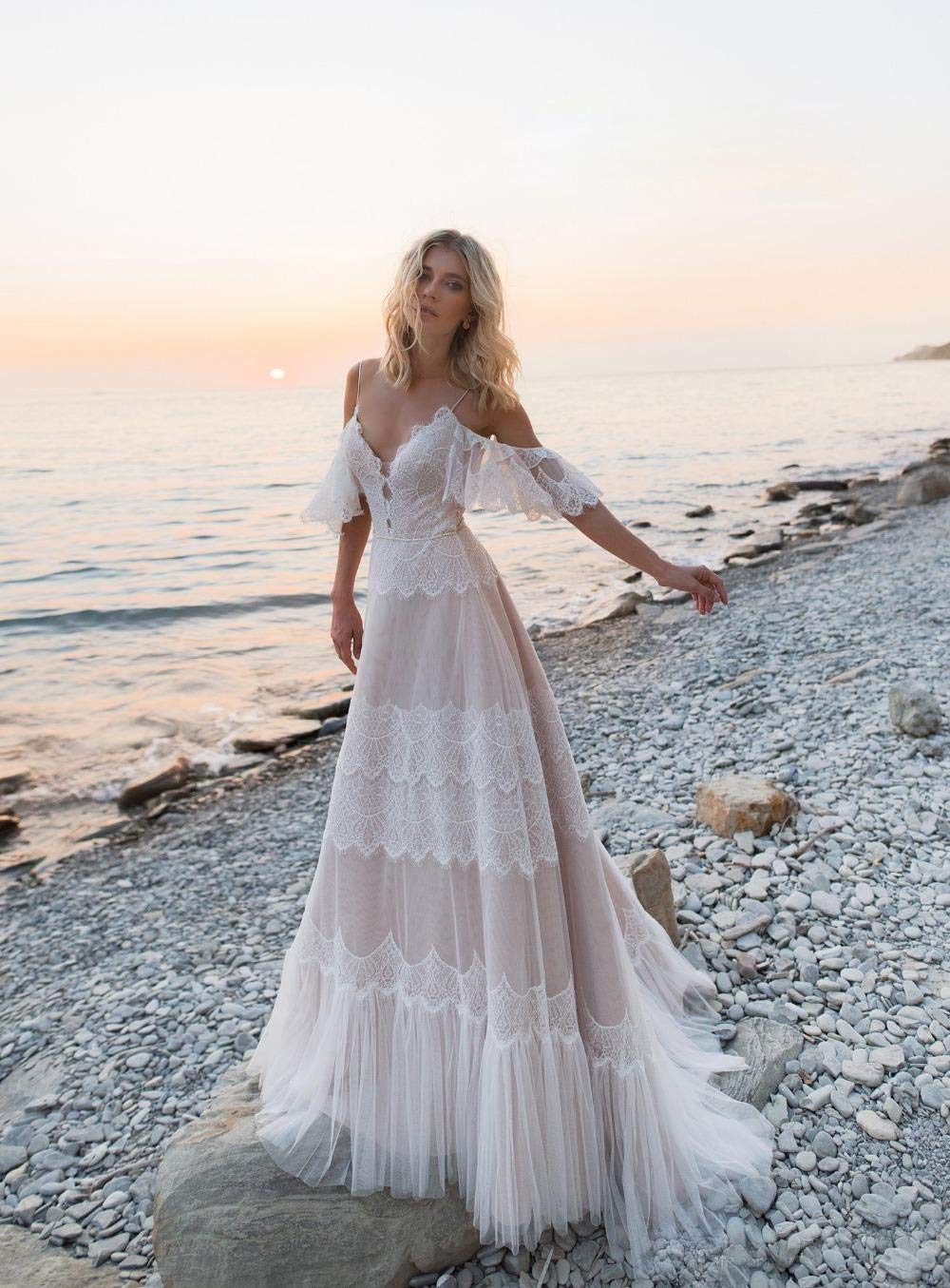 CY Boho Wedding Dresses | Off Shoulder Lace Appliques Bridal Gowns | Backless Beach A-Line Wedding Dress for Outdoor, Destination & Beach Weddings