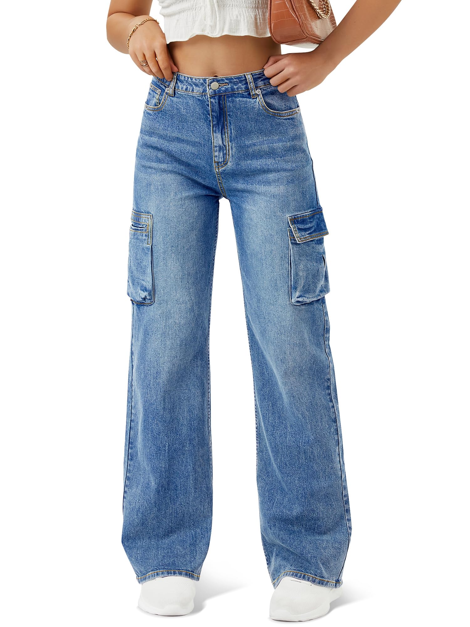 Women's High Waisted Cargo Jeans with 6 Pockets - Straight Wide Leg Baggy Pants for Casual Wear | Perfect for Street Style, Travel & Everyday Comfort