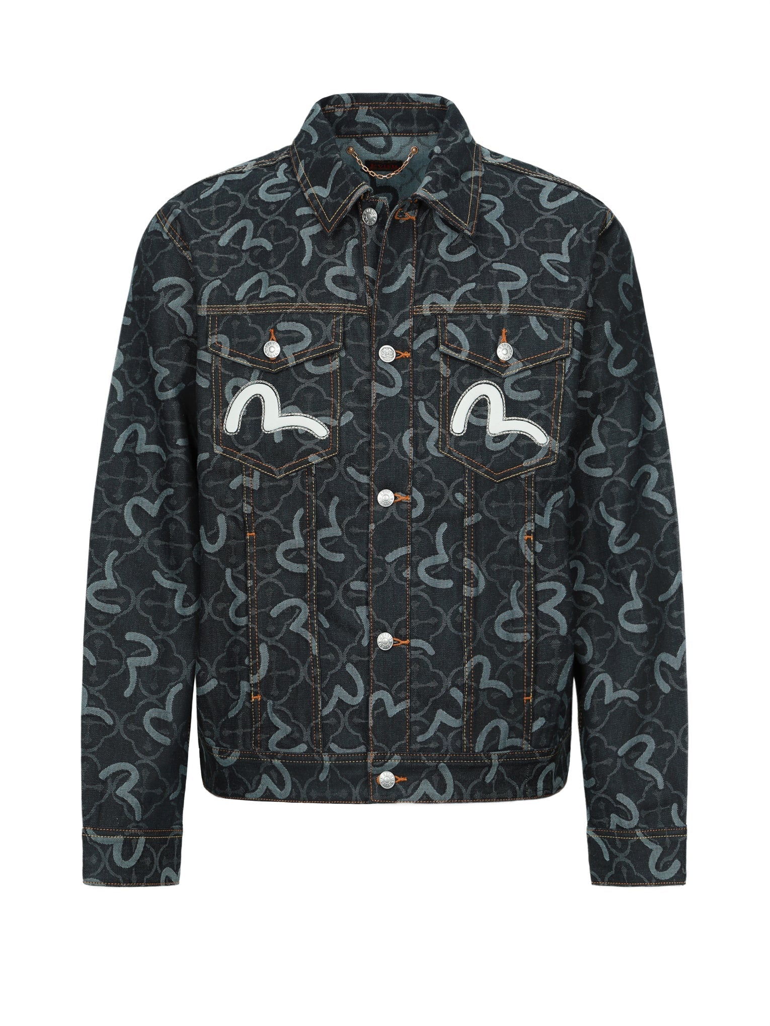 Vintage Allover Seagull & Kamon Jacquard Relaxed Fit Denim Jacket for Men & Women | Casual Streetwear, Spring Fall Layering, Retro Fashion Outfit