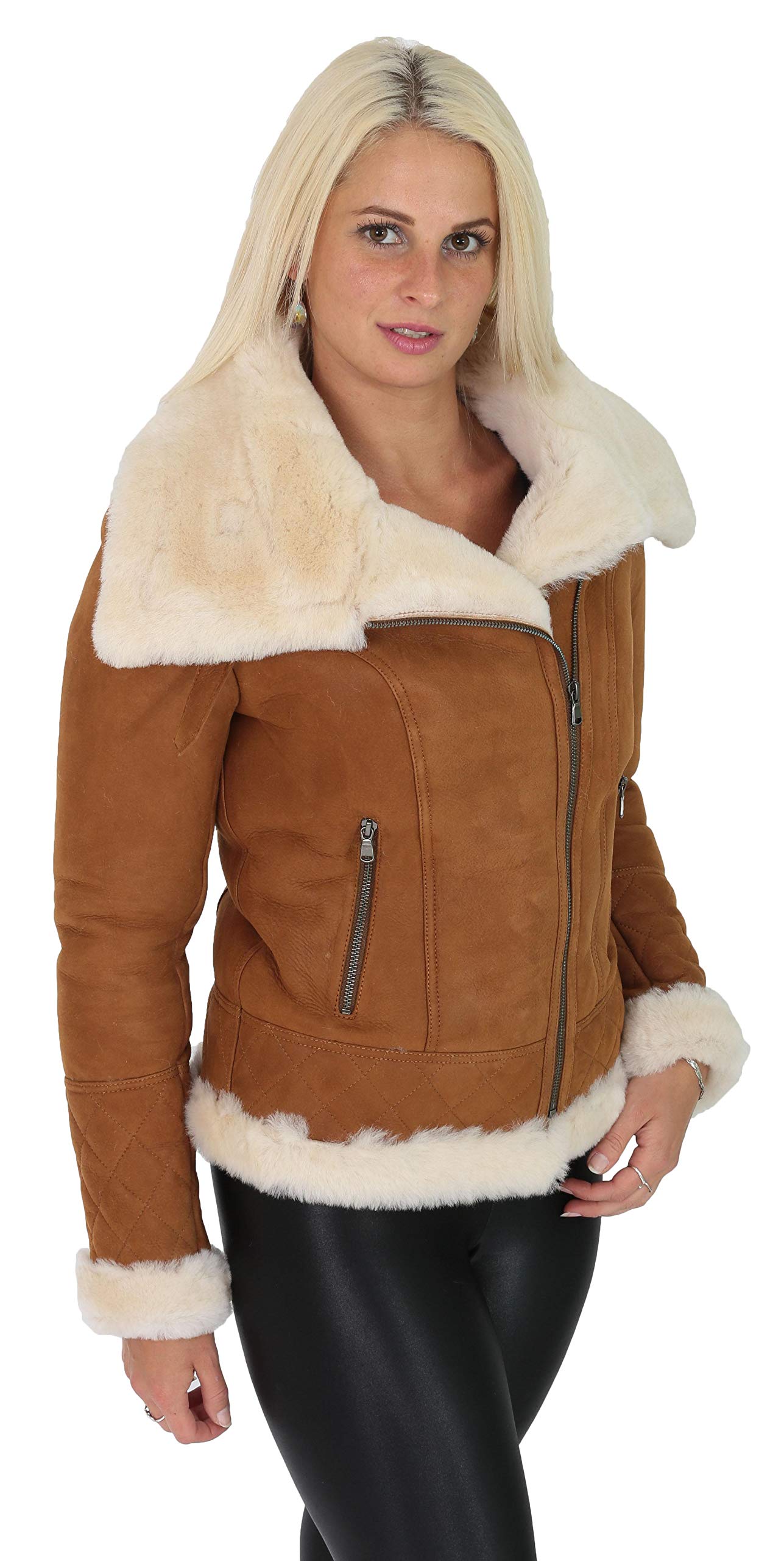 Genuine Sheepskin Women's Aviator Jacket - Double Face TAN Merino Shearling Coat for Winter | Warm & Stylish Outerwear for Casual Wear, Travel & Outdoor Activities